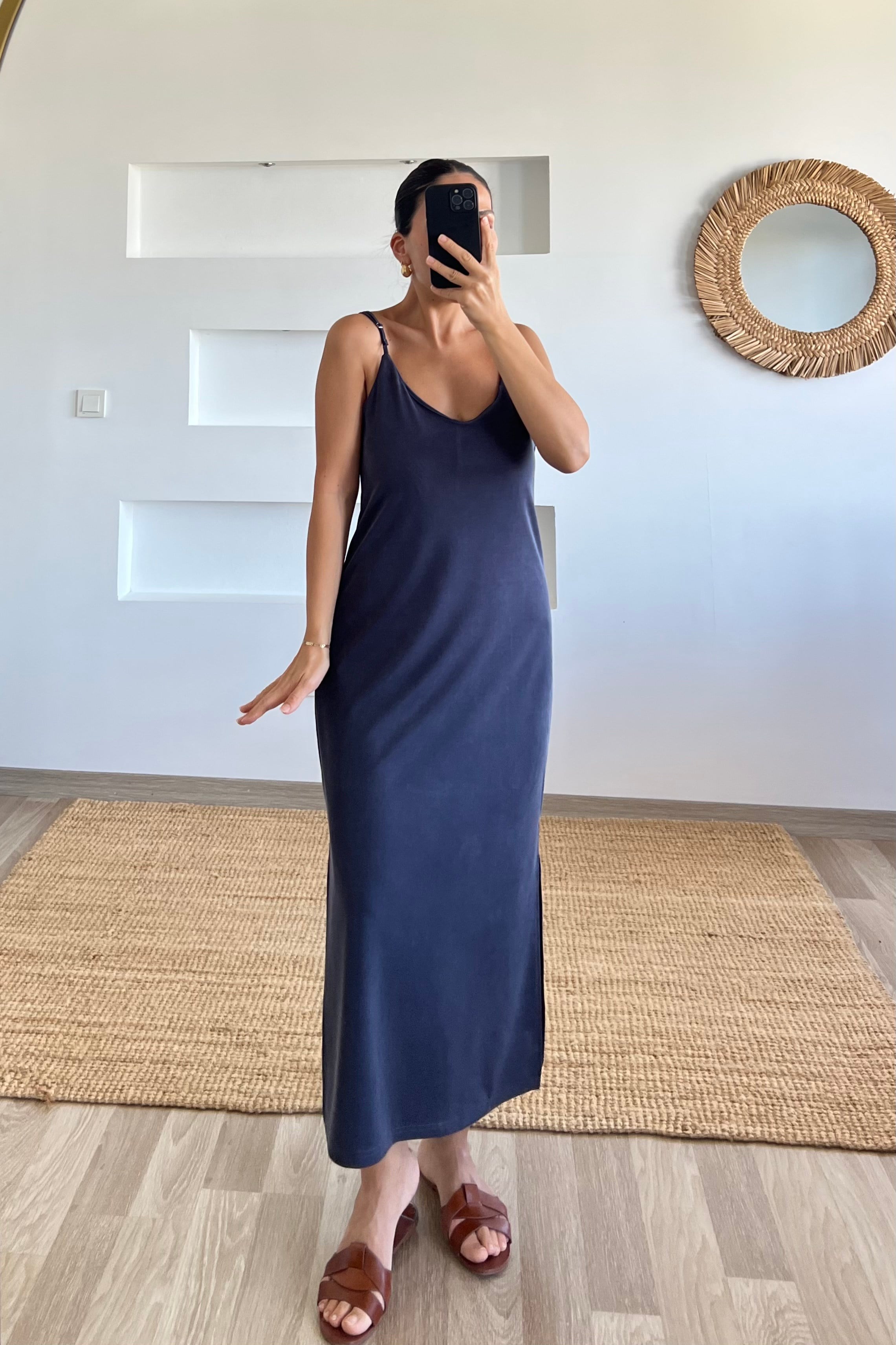 Lacivert Oysho Kumaş Modal  Ayarlanabilir Askılı Elbise uygun fiyatlarda www.butikhola.com adresinde