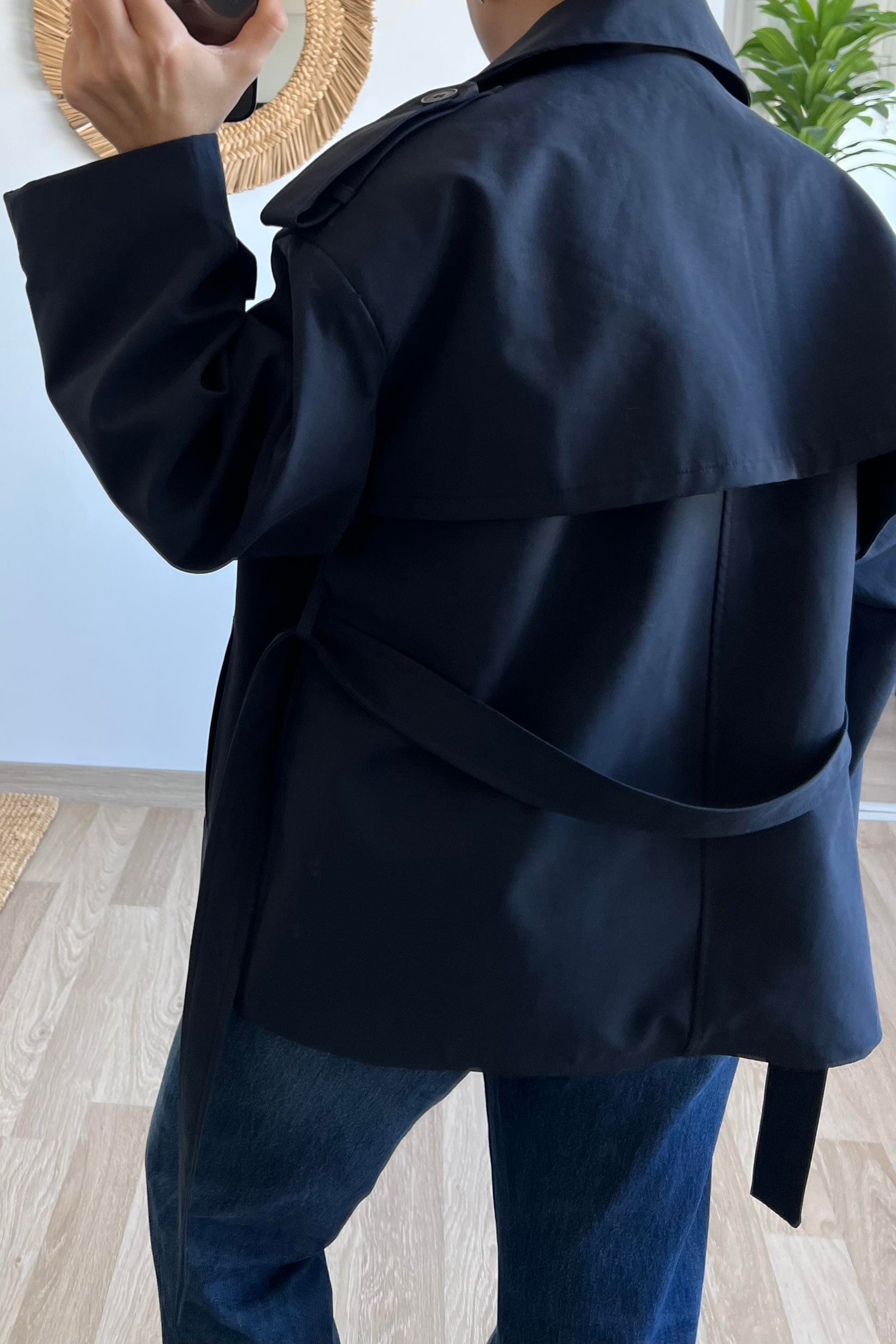 Lacivert Premium Kuşaklı Kısa Trençkot uygun fiyatlarda www.butikhola.com adresinde