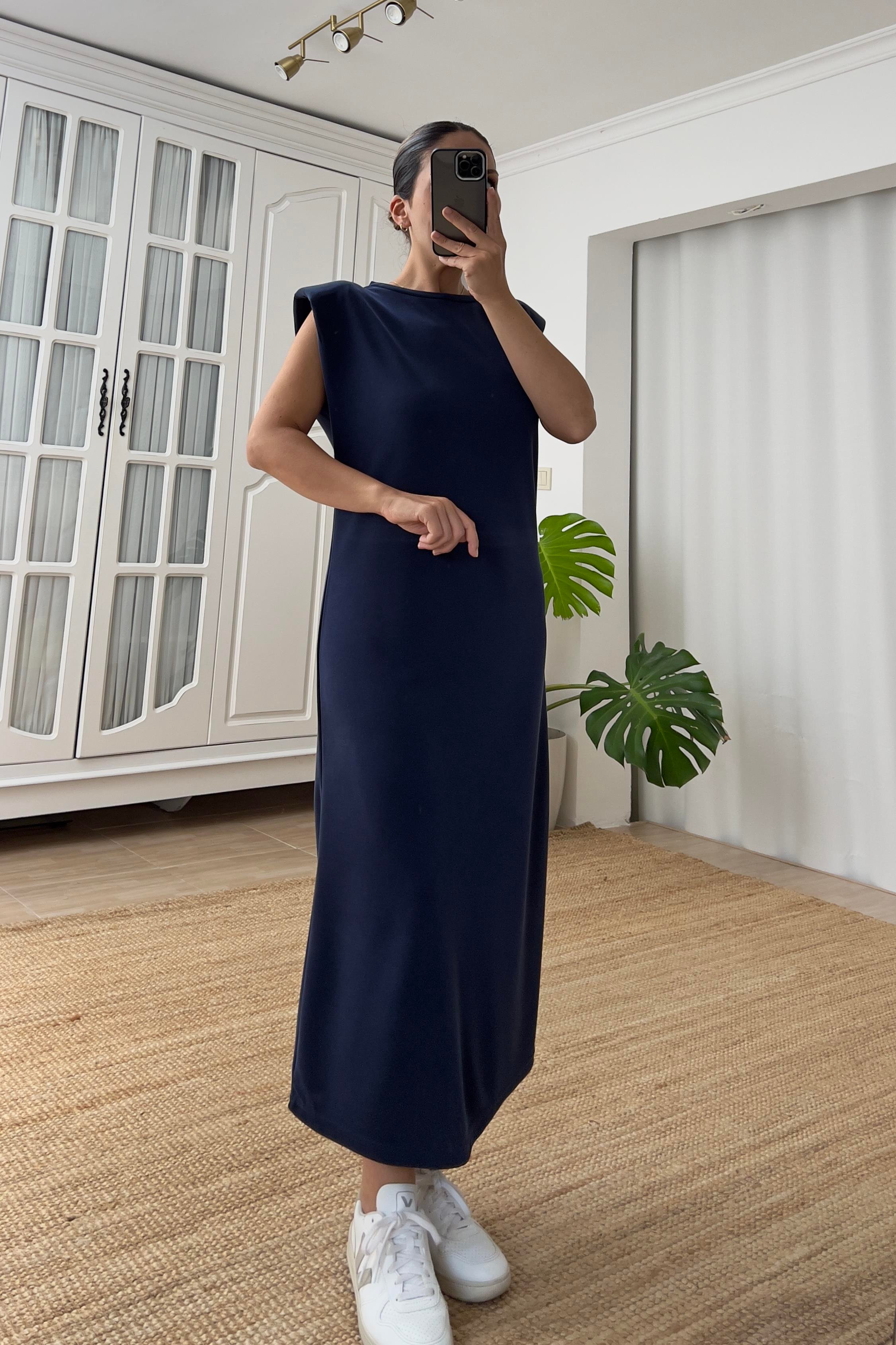 Lacivert Vatkalı Uzun Modal Elbise  uygun fiyatlarda www.butikhola.com adresinde