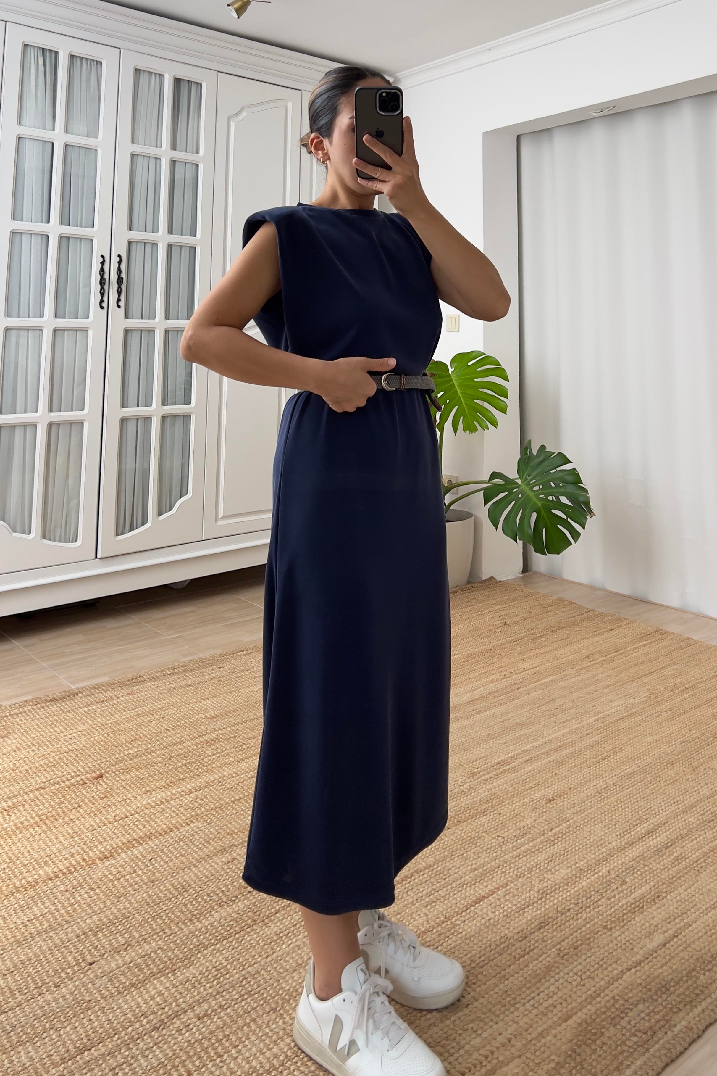 Lacivert Vatkalı Uzun Modal Elbise  uygun fiyatlarda www.butikhola.com adresinde