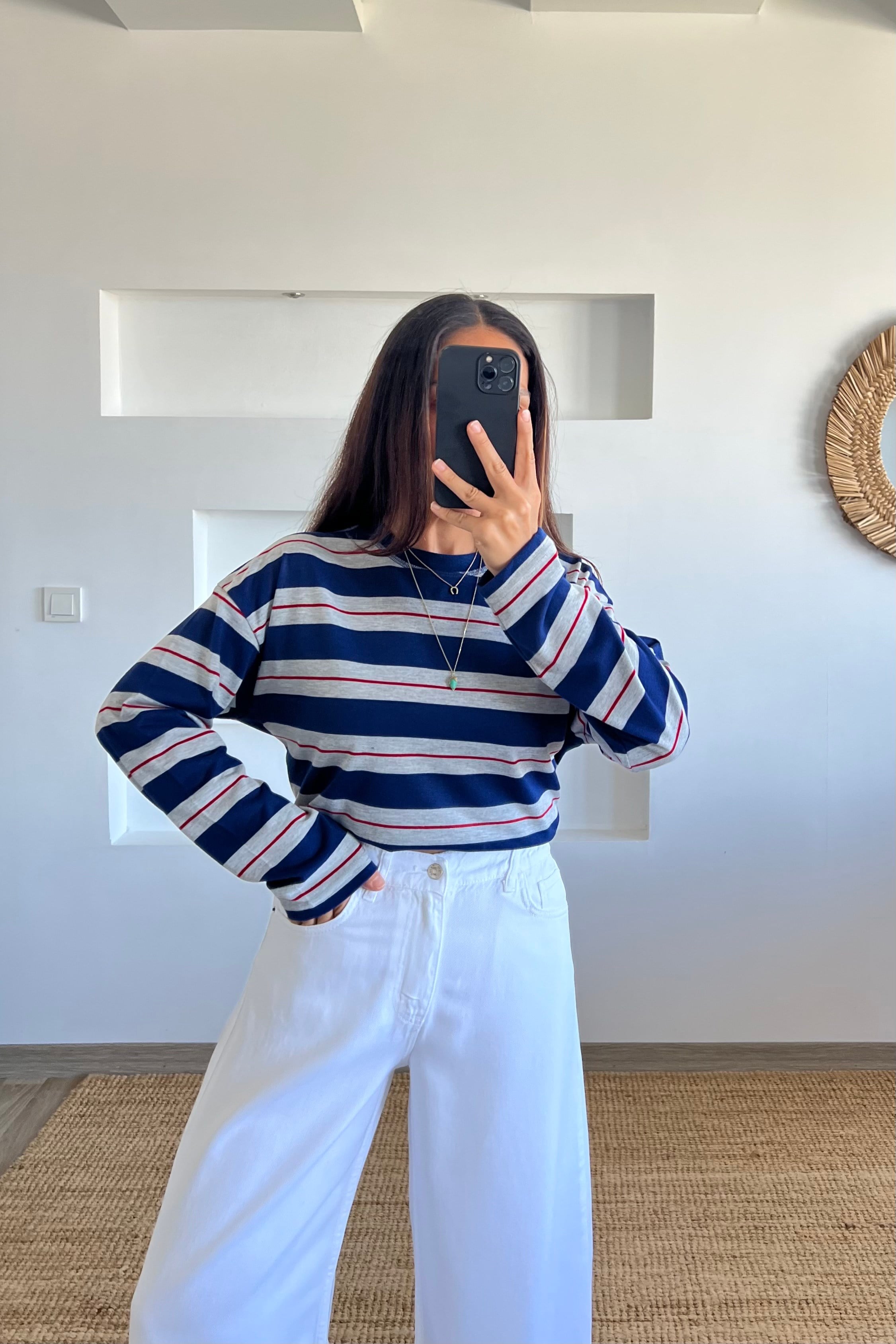 Lacivert Yumuşak Dokulu Çizgili Sweat uygun fiyatlarda www.butikhola.com adresinde