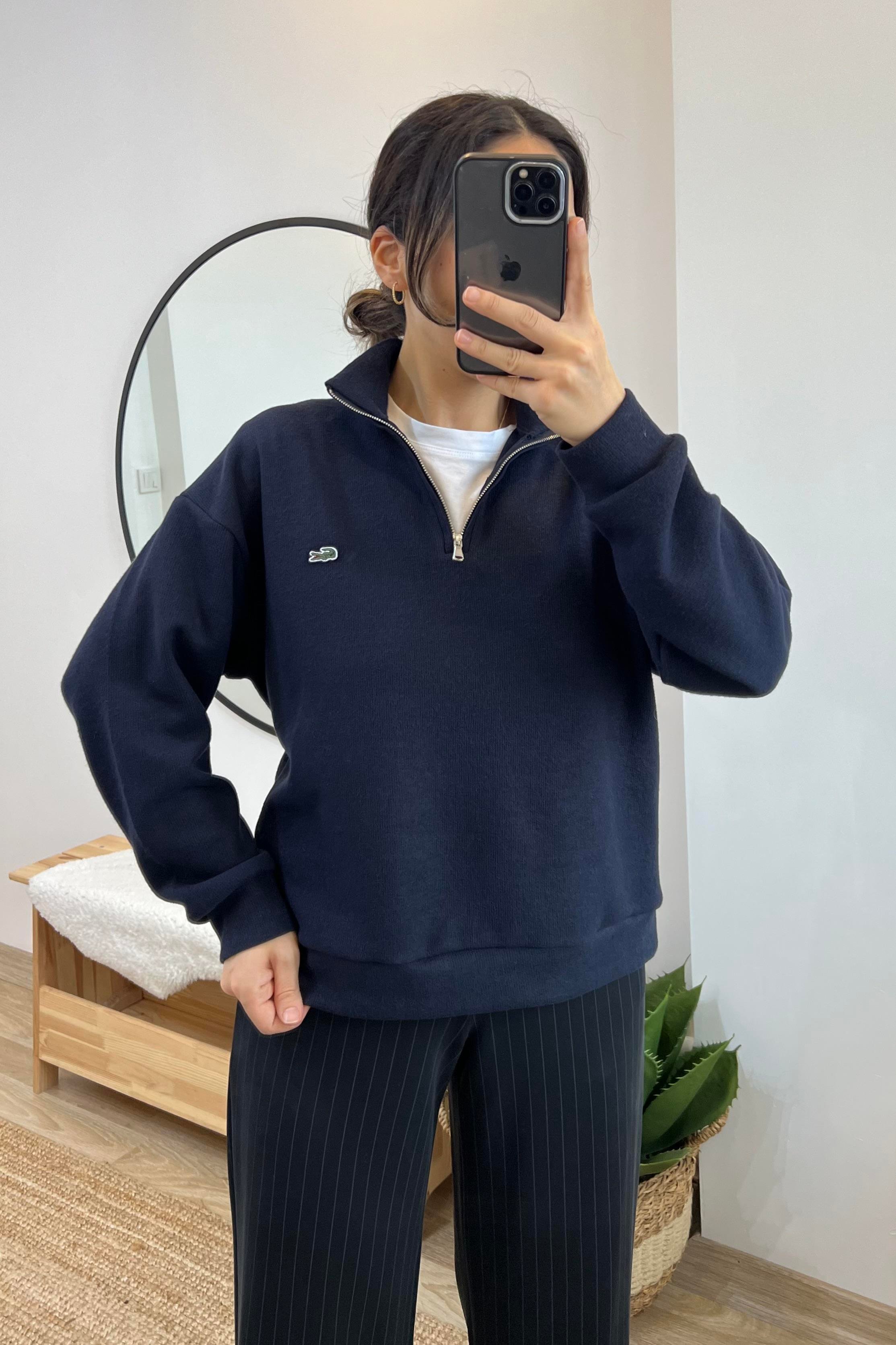 Lacivert Yumuşak Dokulu Yakası Fermuarlı Sweatshirt uygun fiyatlarda www.butikhola.com adresinde