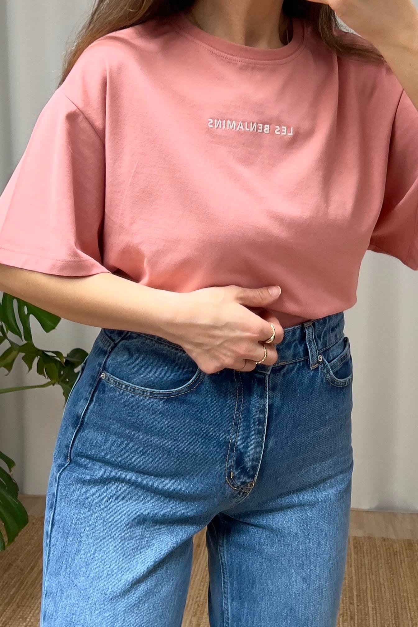 LB Gül Kurusu Nakışlı Düşük Omuz Tshirt uygun fiyatlarda www.butikhola.com adresinde
