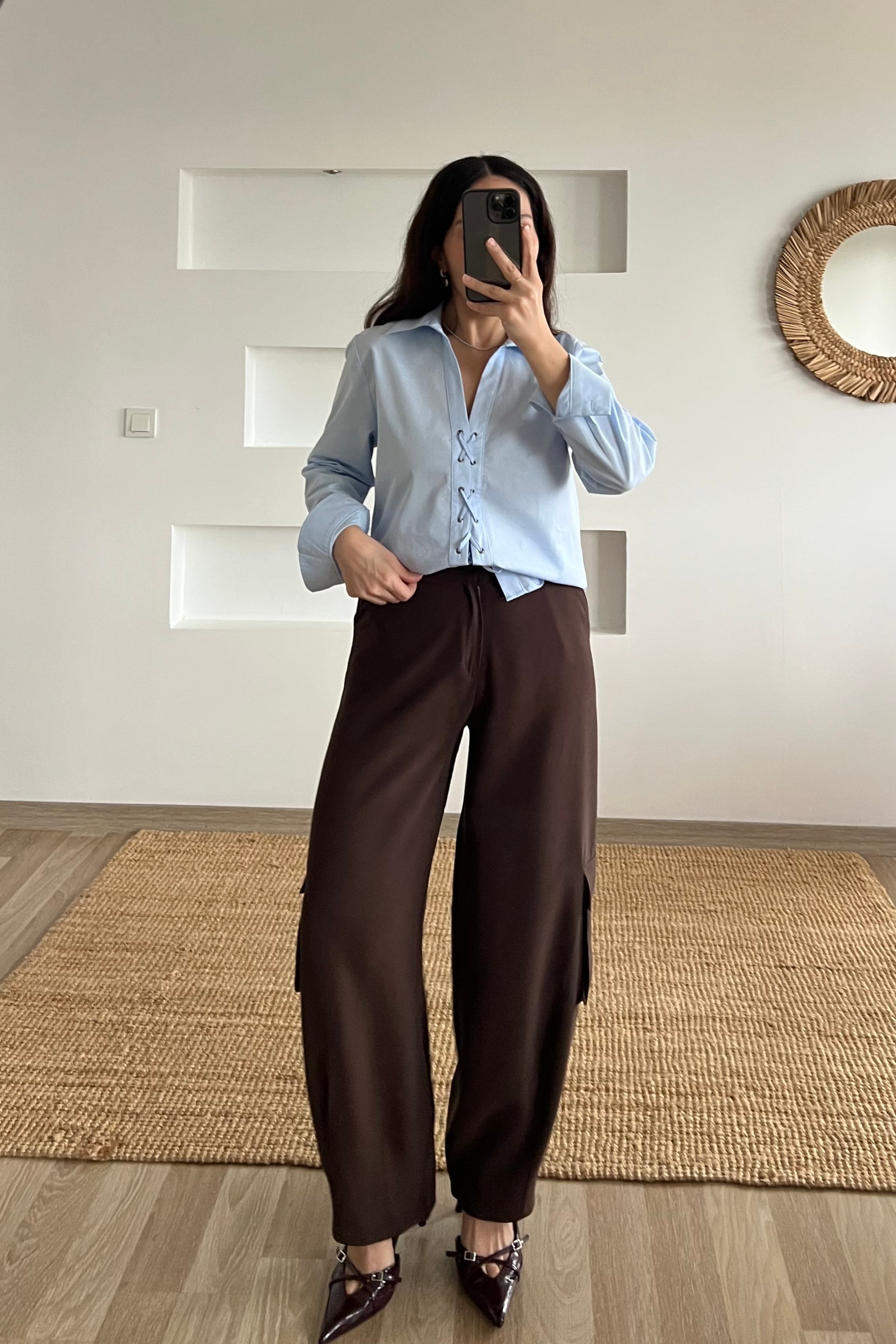 Mavi Bağlama Detaylı Poplin Gömlek uygun fiyatlarda www.butikhola.com adresinde