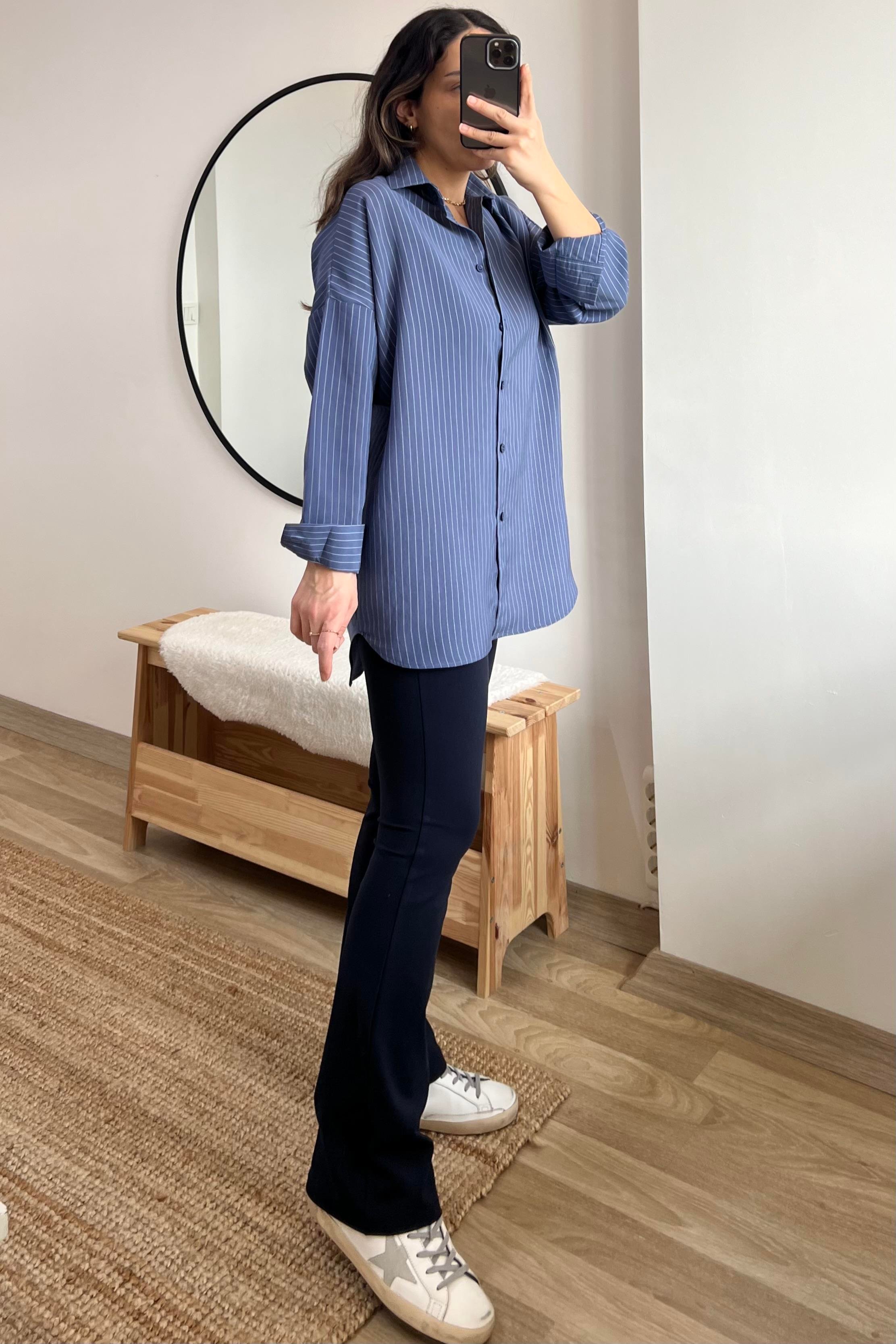 Mavi Çizgili Dökümlü Tensel Gömlek uygun fiyatlarda www.butikhola.com adresinde