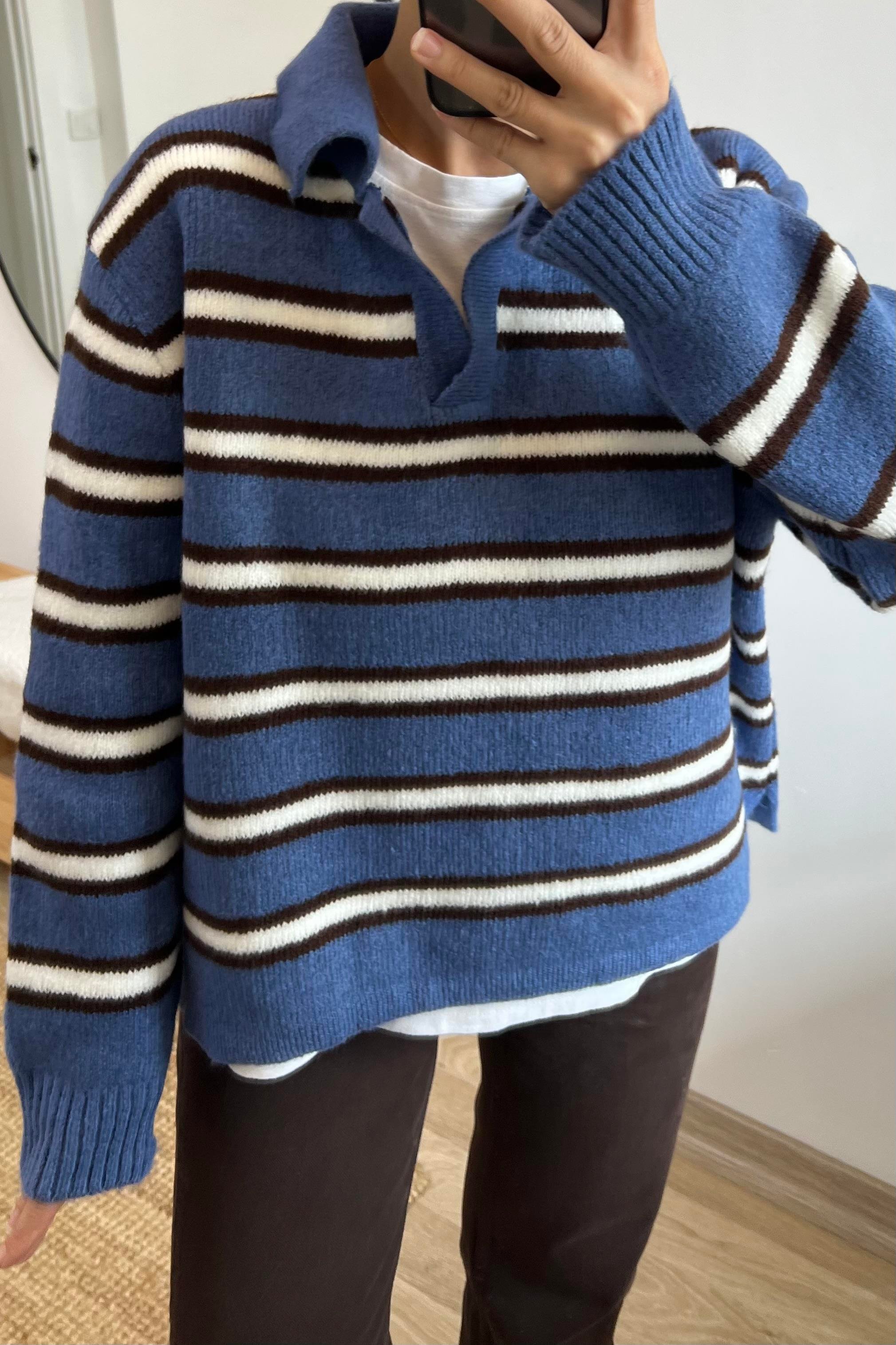 Mavi Kahve Çizgili Polo Yaka Kazak uygun fiyatlarda www.butikhola.com adresinde