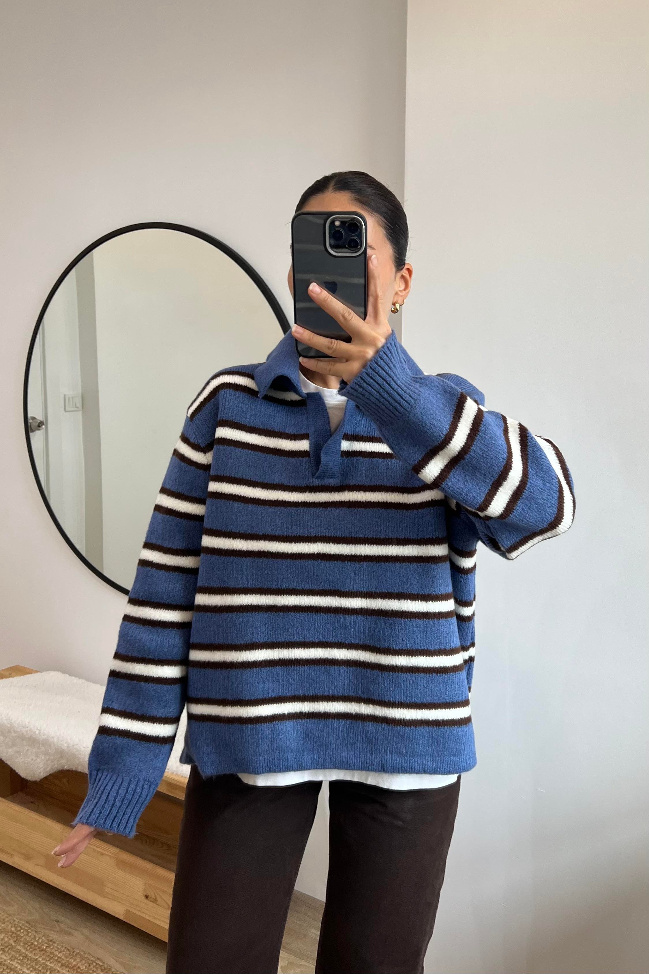 Mavi Kahve Çizgili Polo Yaka Kazak uygun fiyatlarda www.butikhola.com adresinde