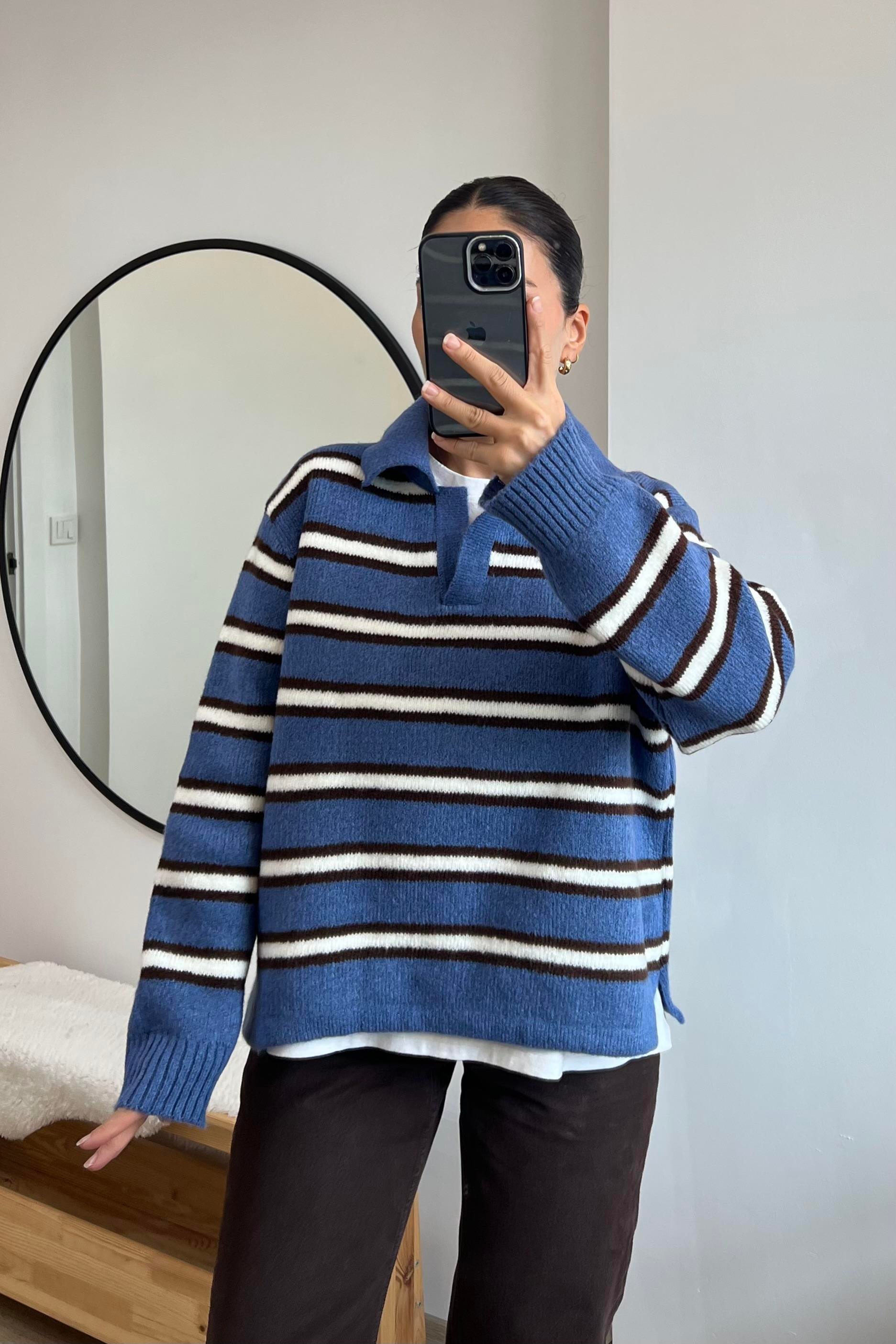 Mavi Kahve Çizgili Polo Yaka Kazak uygun fiyatlarda www.butikhola.com adresinde