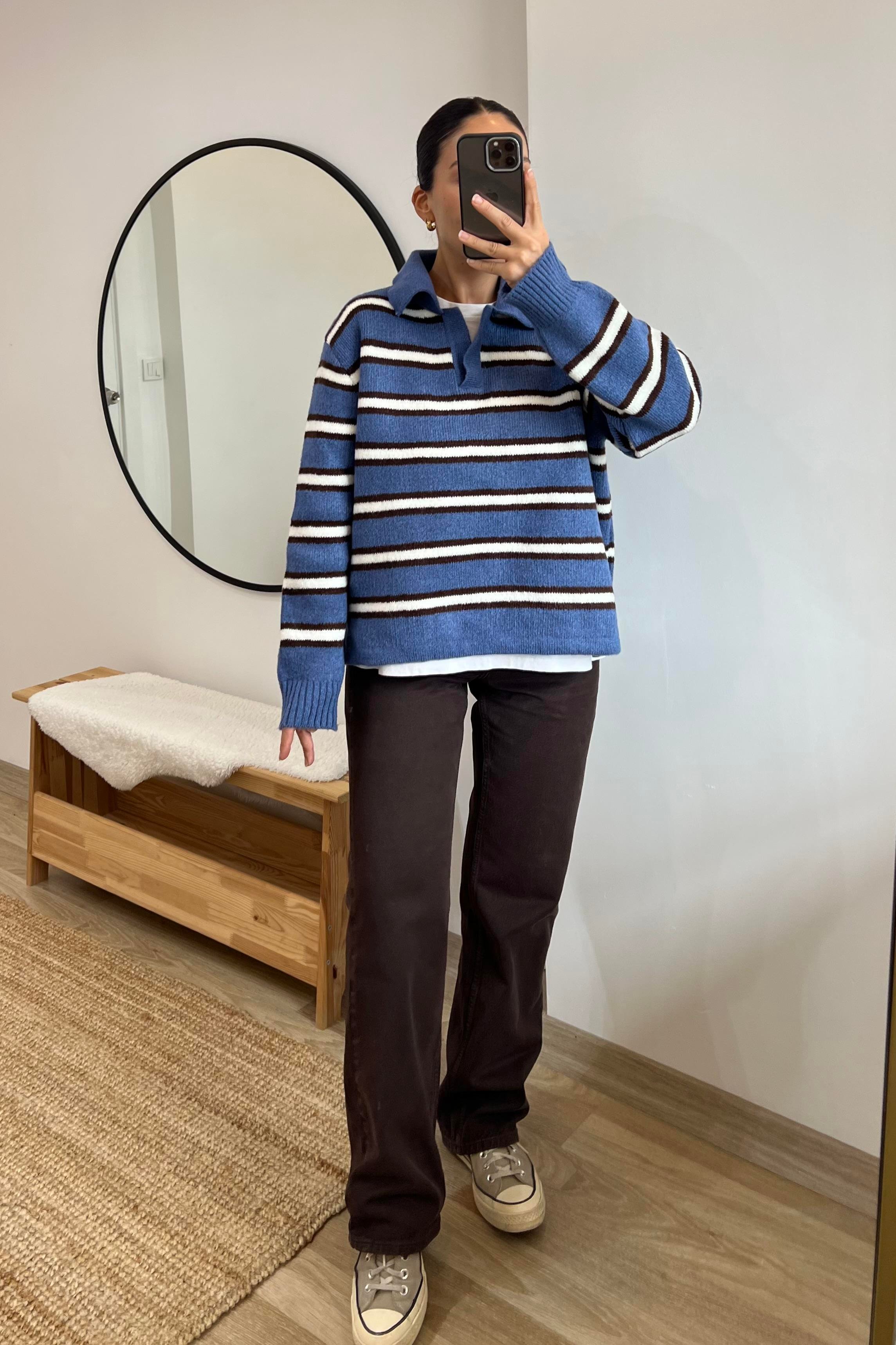 Mavi Kahve Çizgili Polo Yaka Kazak uygun fiyatlarda www.butikhola.com adresinde