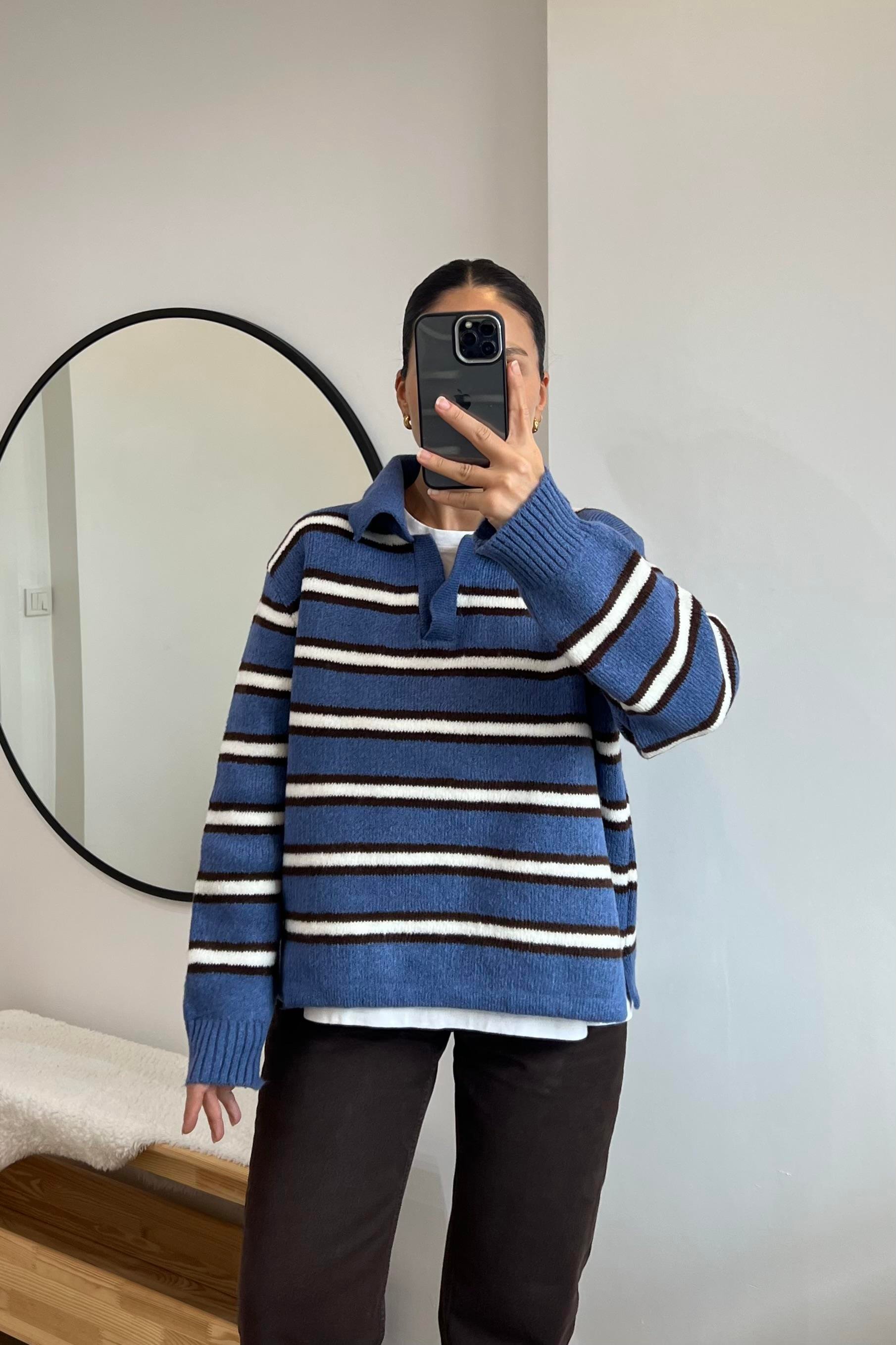 Mavi Kahve Çizgili Polo Yaka Kazak uygun fiyatlarda www.butikhola.com adresinde
