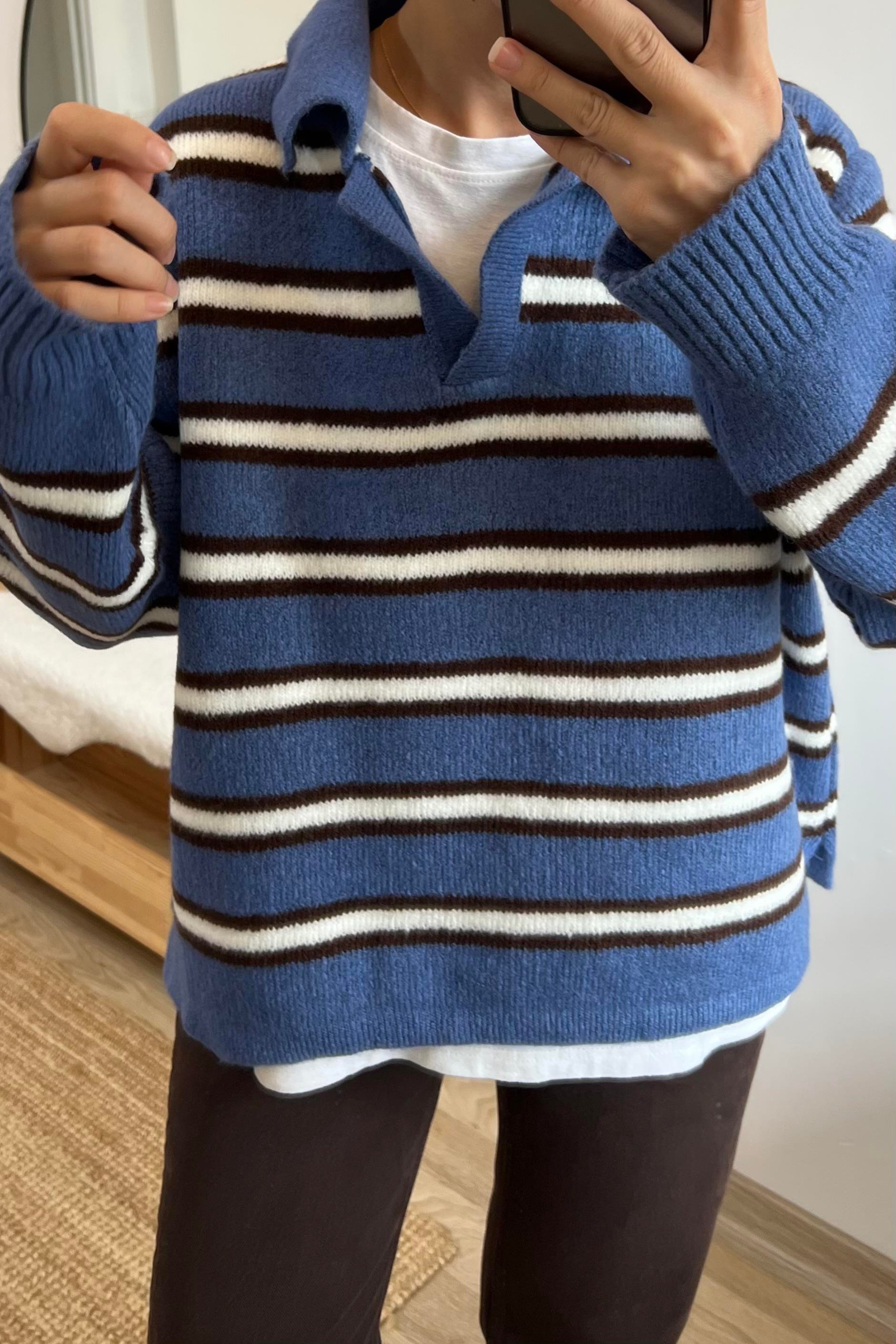 Mavi Kahve Çizgili Polo Yaka Kazak uygun fiyatlarda www.butikhola.com adresinde