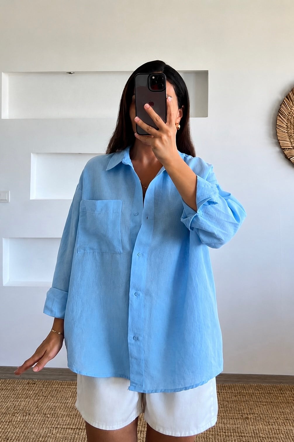 Mavi Organik Ham Keten Gömlek uygun fiyatlarda www.butikhola.com adresinde