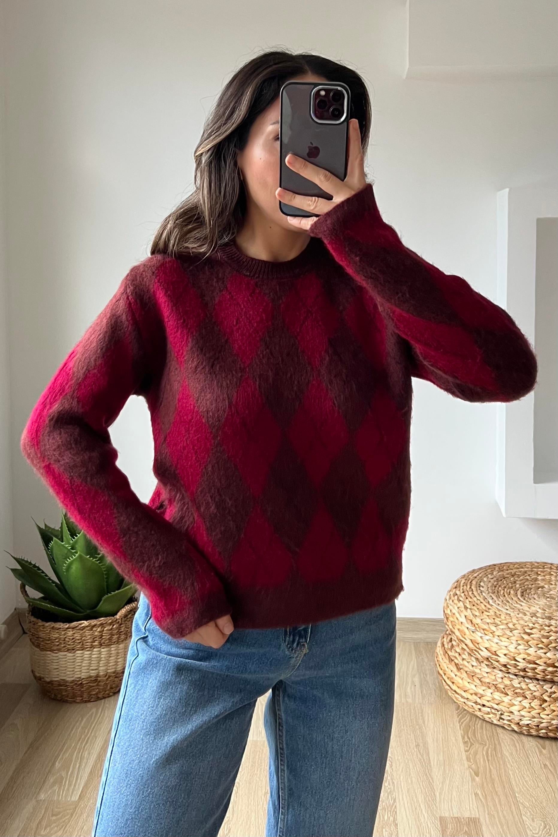 Md Bordo Baklava Desenli Yumoş Kazak uygun fiyatlarda www.butikhola.com adresinde