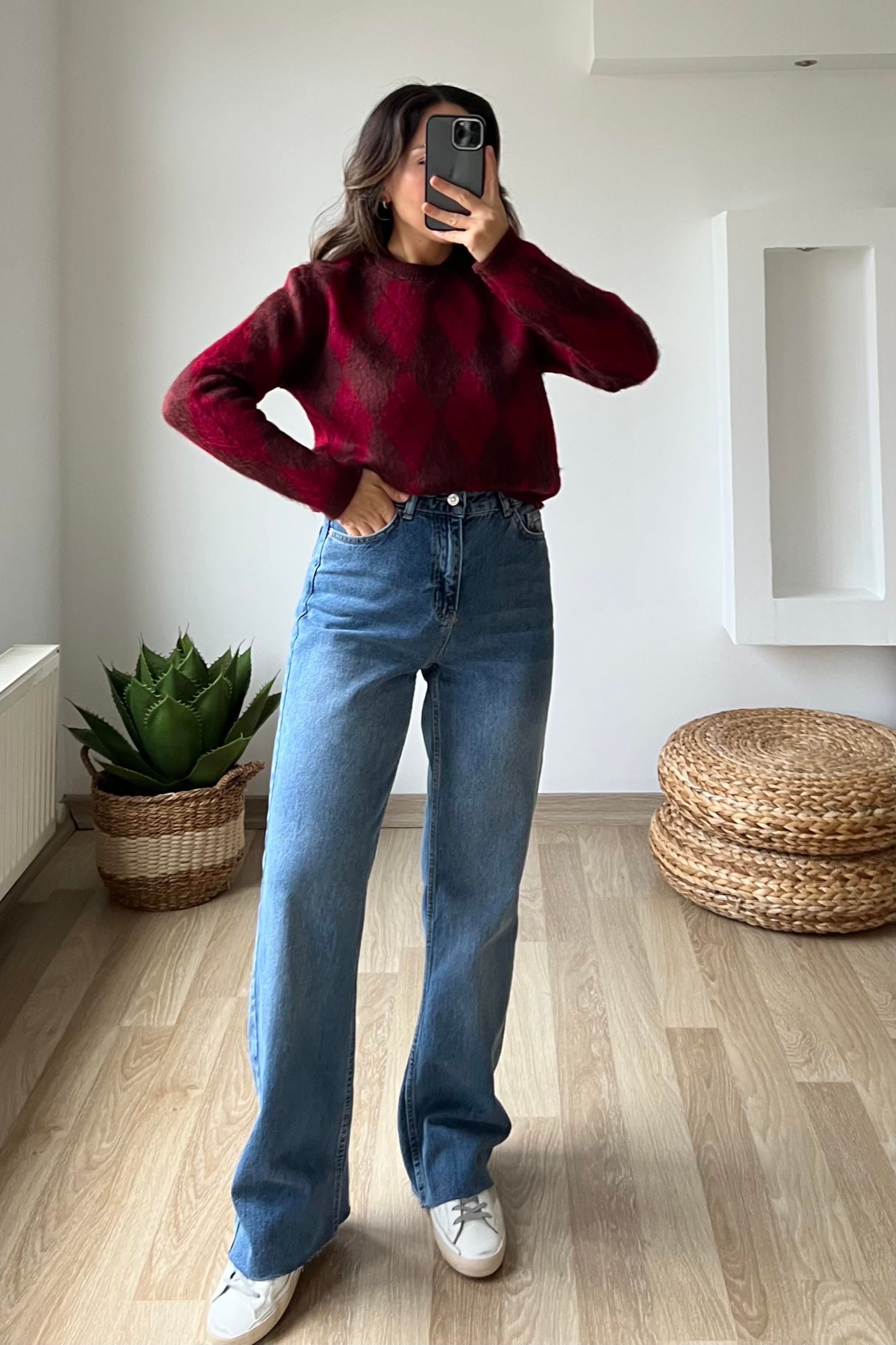 Md Bordo Baklava Desenli Yumoş Kazak uygun fiyatlarda www.butikhola.com adresinde