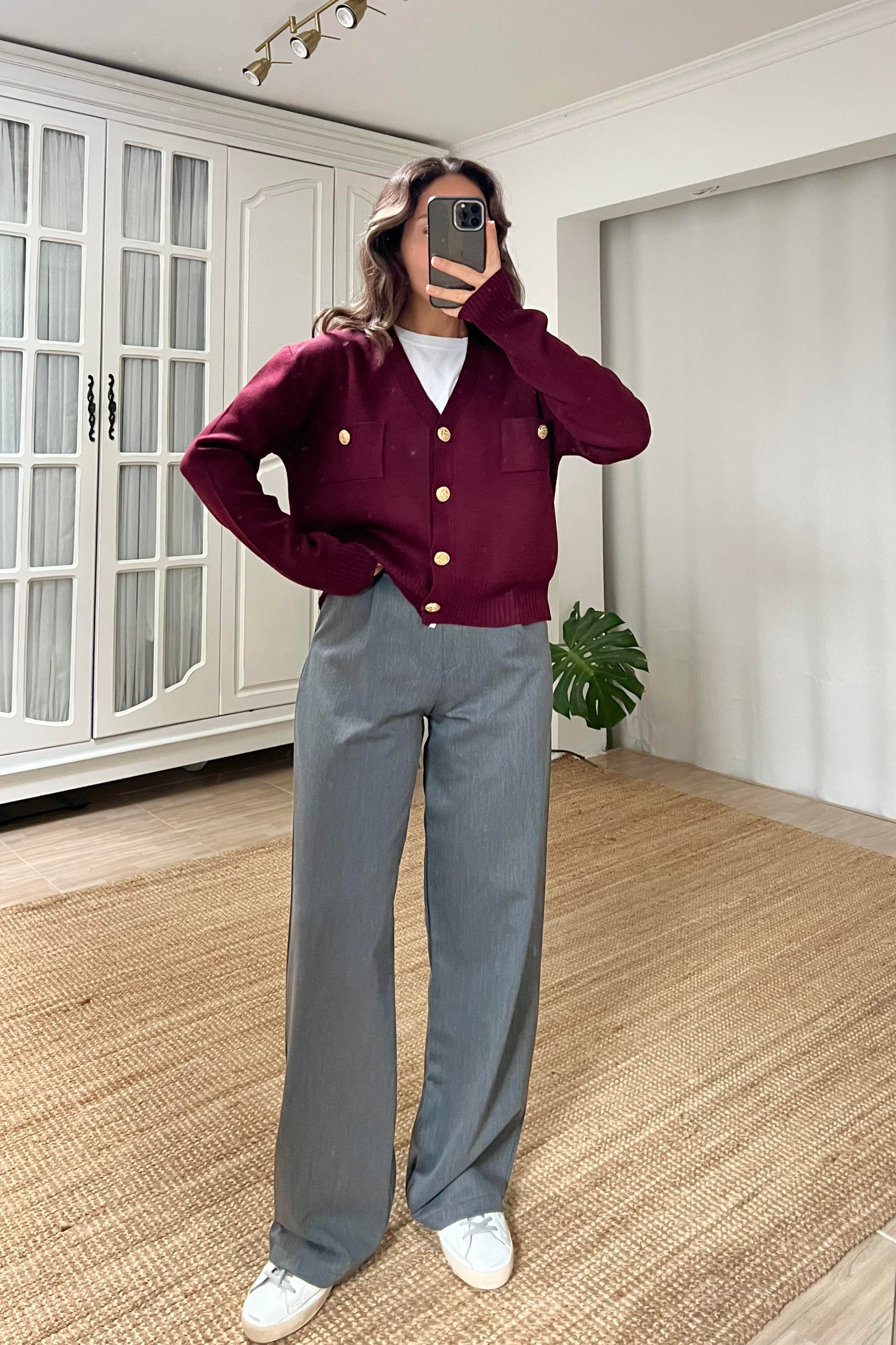 MD Bordo Gold Düğmeli V Yaka Hırka  uygun fiyatlarda www.butikhola.com adresinde