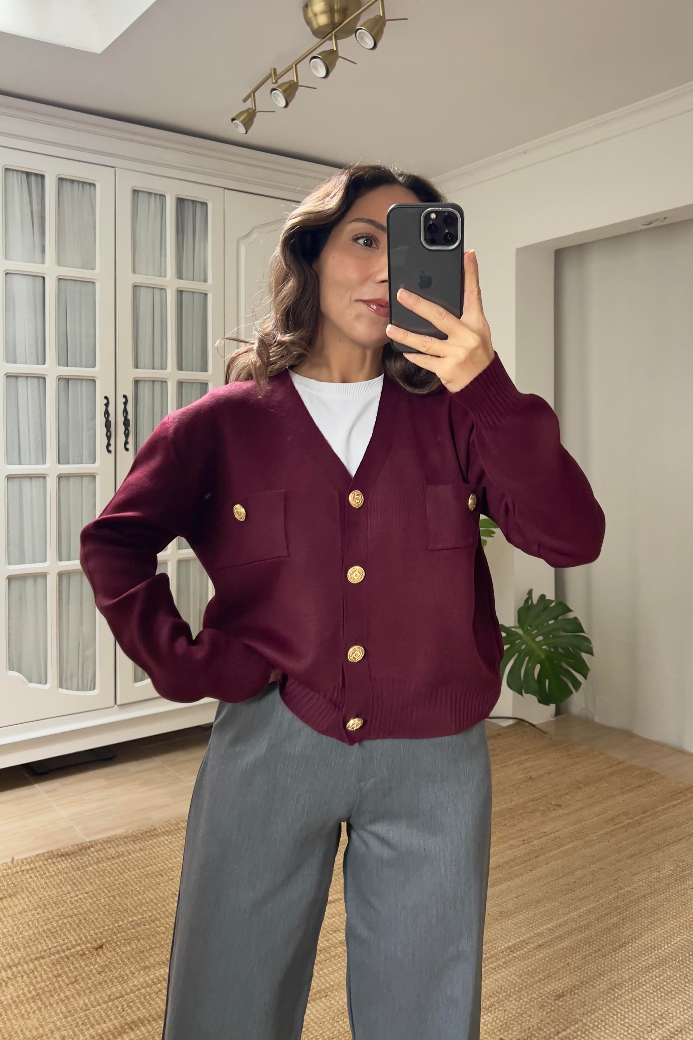 MD Bordo Gold Düğmeli V Yaka Hırka  uygun fiyatlarda www.butikhola.com adresinde