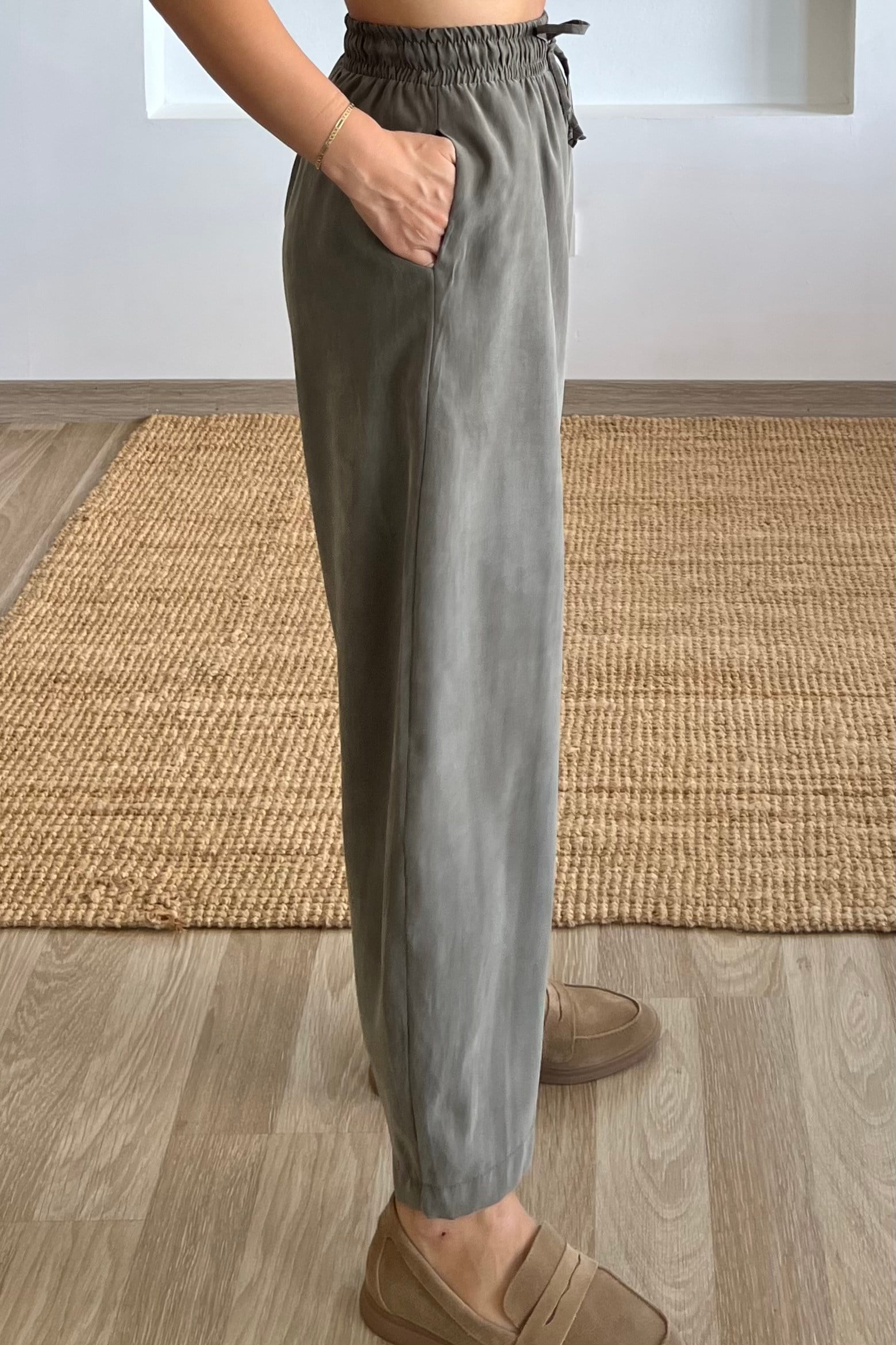 Md Haki Beli Lastikli Tensel Şalvar Pantolon uygun fiyatlarda www.butikhola.com adresinde