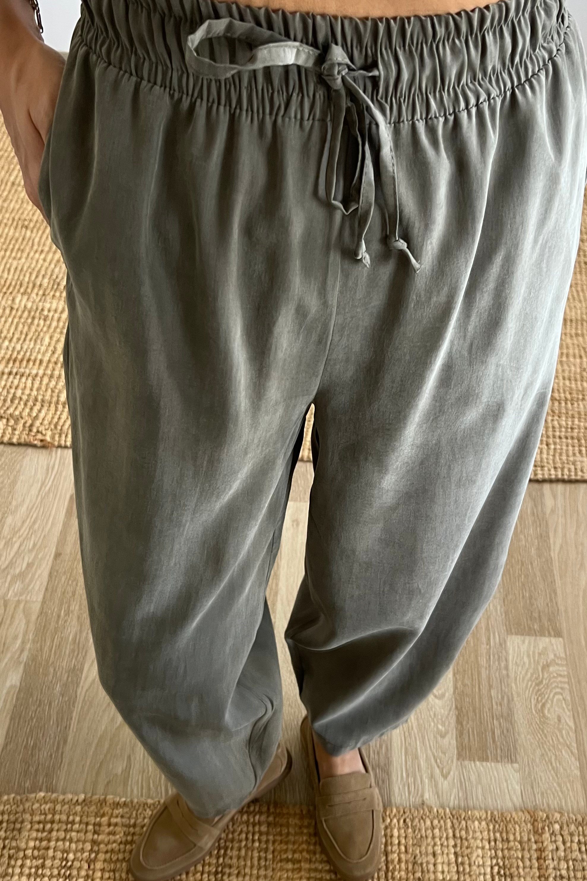 Md Haki Beli Lastikli Tensel Şalvar Pantolon uygun fiyatlarda www.butikhola.com adresinde