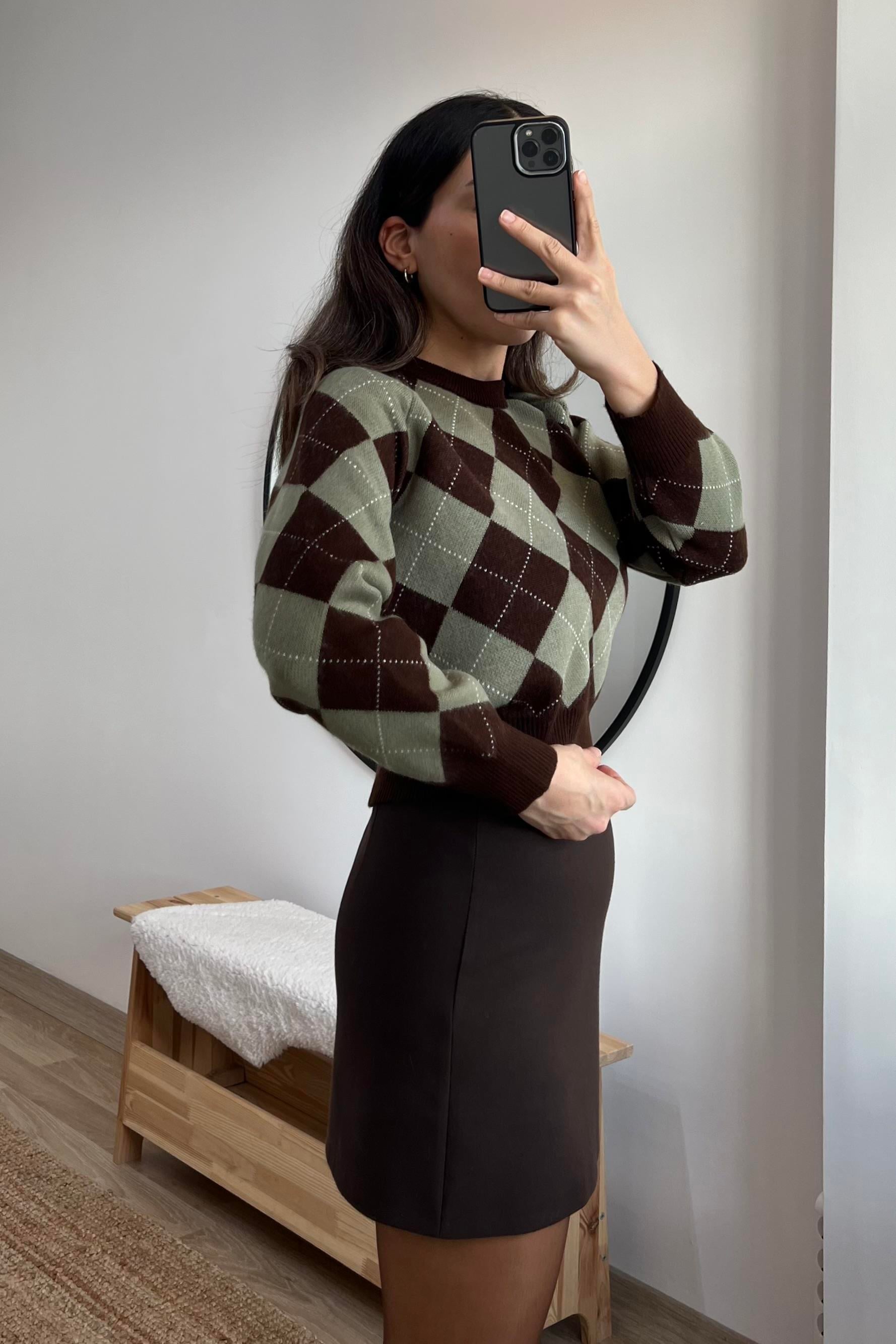 MD Kahve Yeşil Baklava Desenli Kazak uygun fiyatlarda www.butikhola.com adresinde