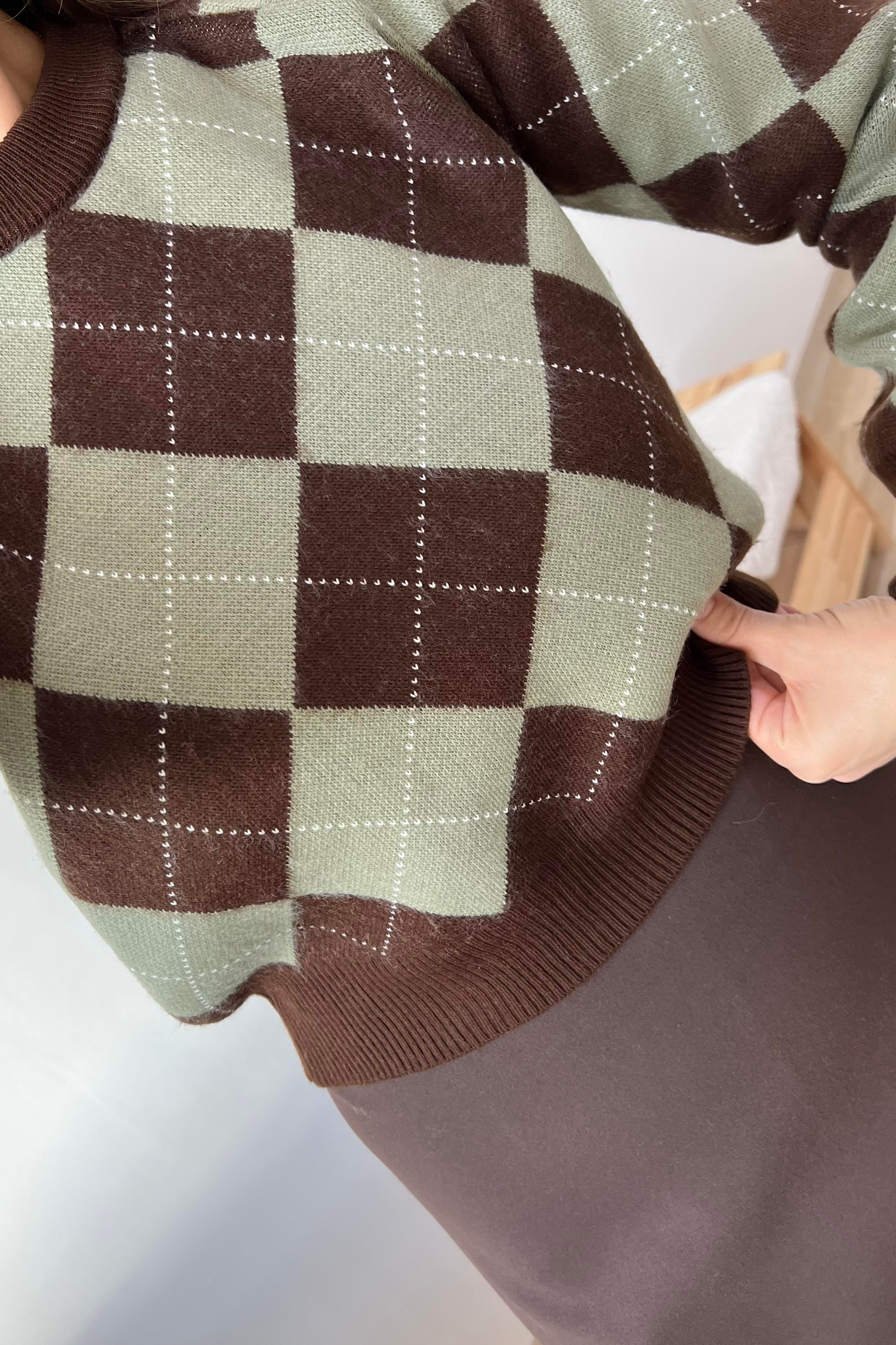 MD Kahve Yeşil Baklava Desenli Kazak uygun fiyatlarda www.butikhola.com adresinde