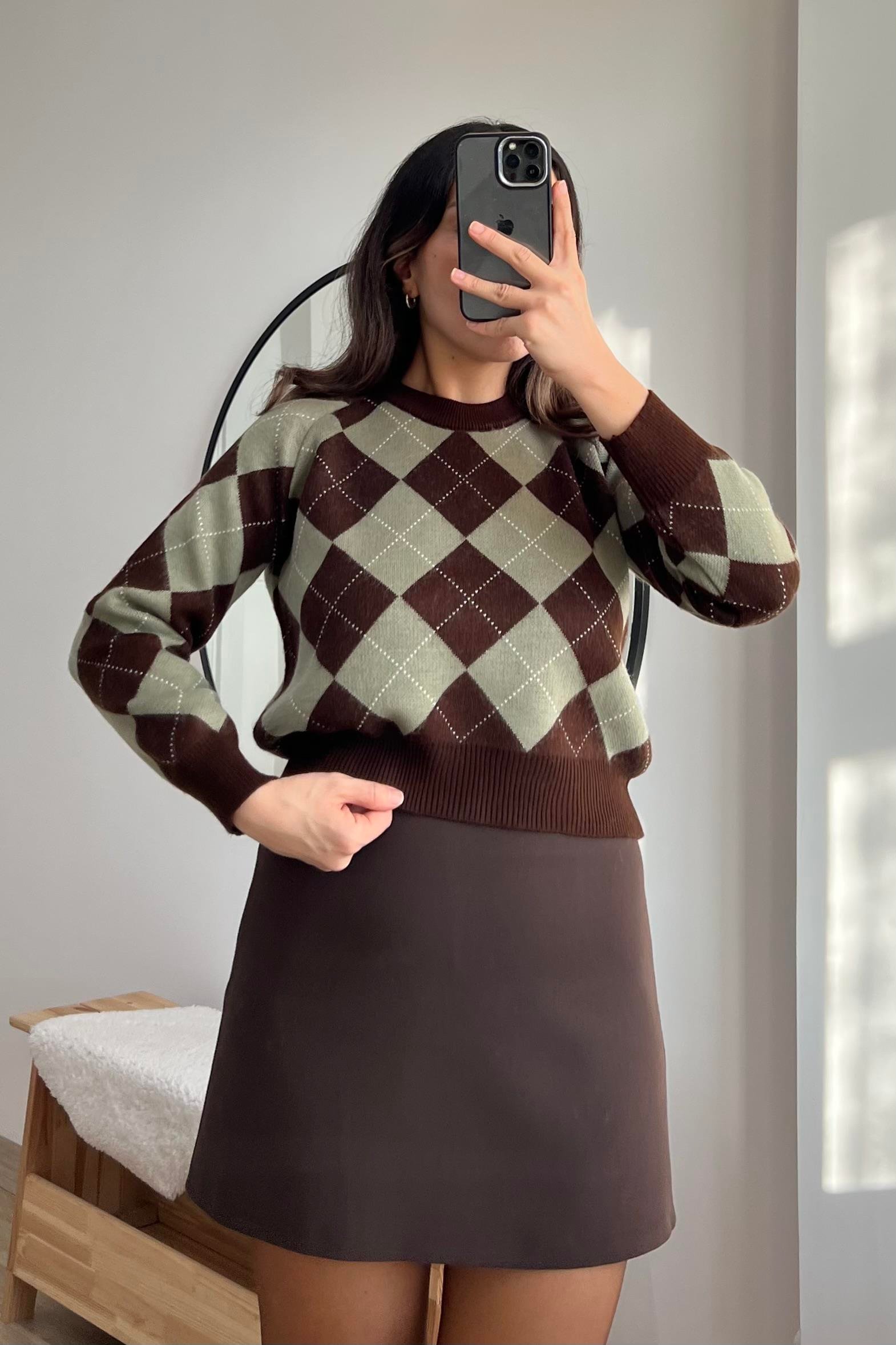 MD Kahve Yeşil Baklava Desenli Kazak uygun fiyatlarda www.butikhola.com adresinde