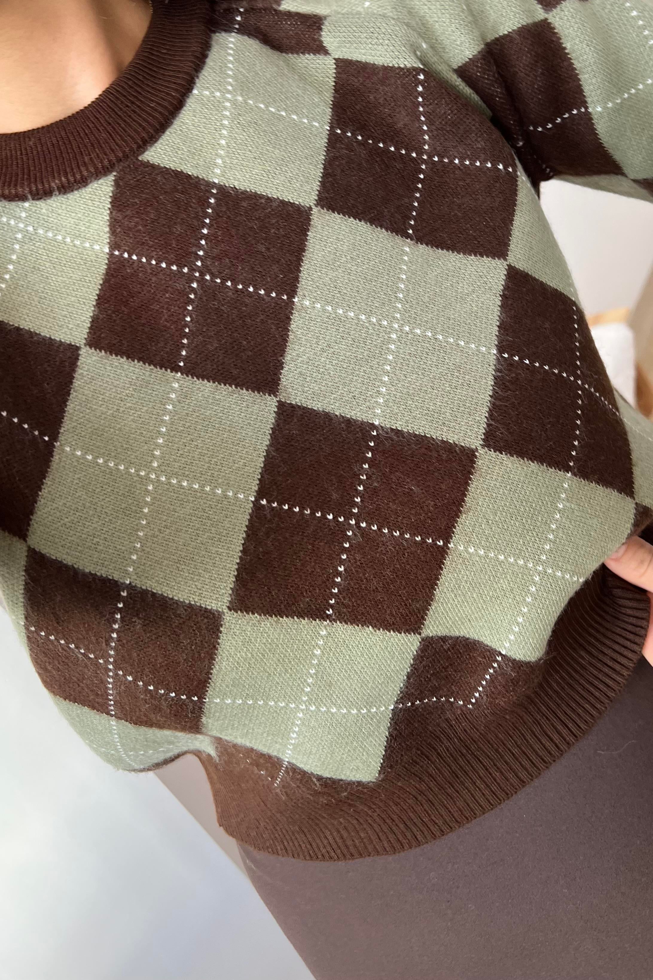 MD Kahve Yeşil Baklava Desenli Kazak uygun fiyatlarda www.butikhola.com adresinde