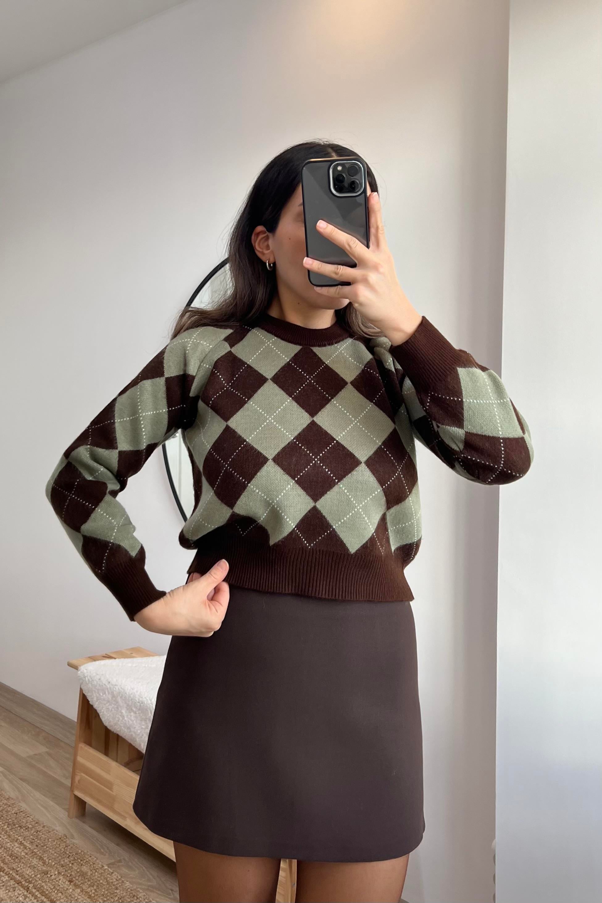 MD Kahve Yeşil Baklava Desenli Kazak uygun fiyatlarda www.butikhola.com adresinde