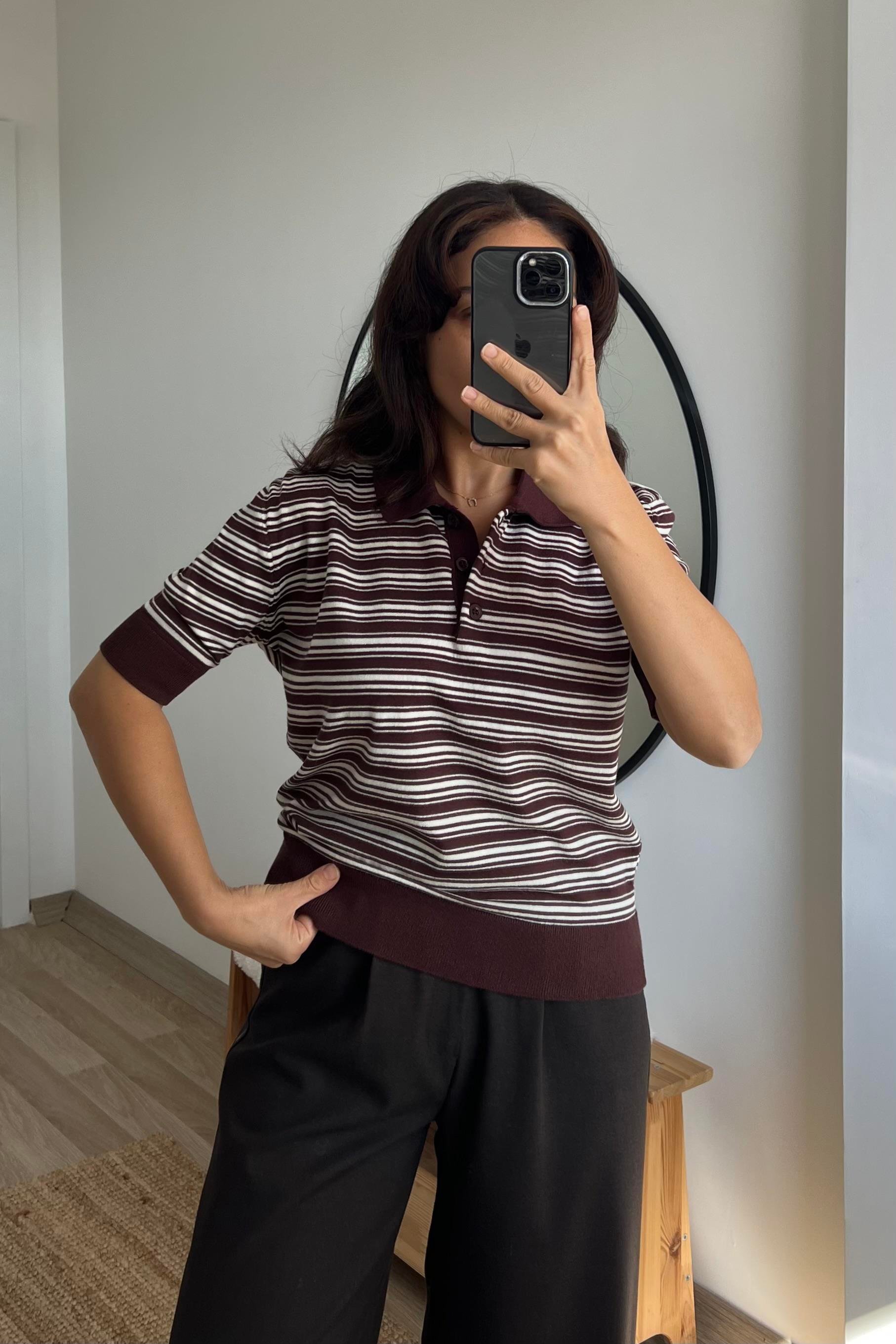 MD Kahverengi Çizgili Polo Yaka Triko uygun fiyatlarda www.butikhola.com adresinde