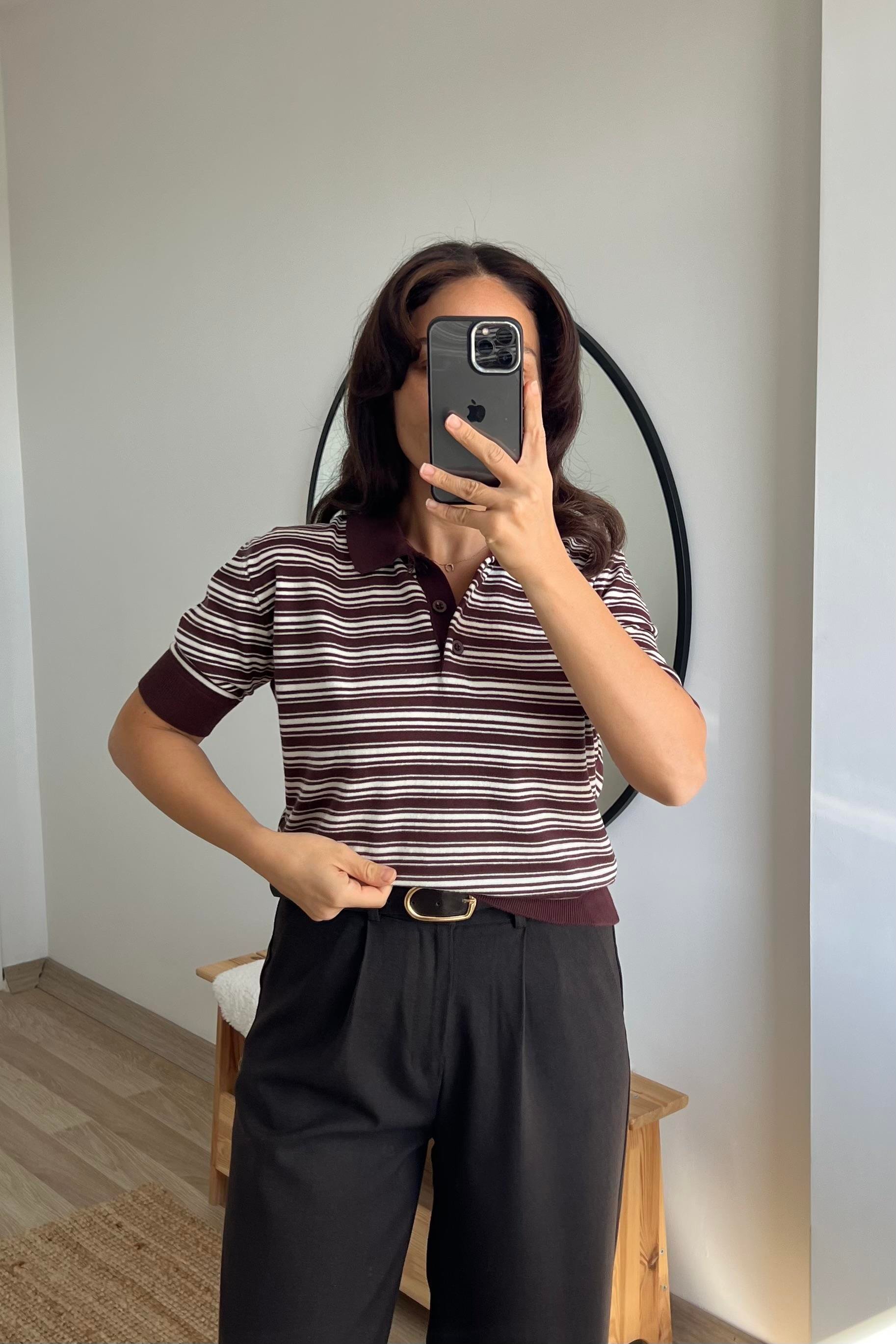 MD Kahverengi Çizgili Polo Yaka Triko uygun fiyatlarda www.butikhola.com adresinde