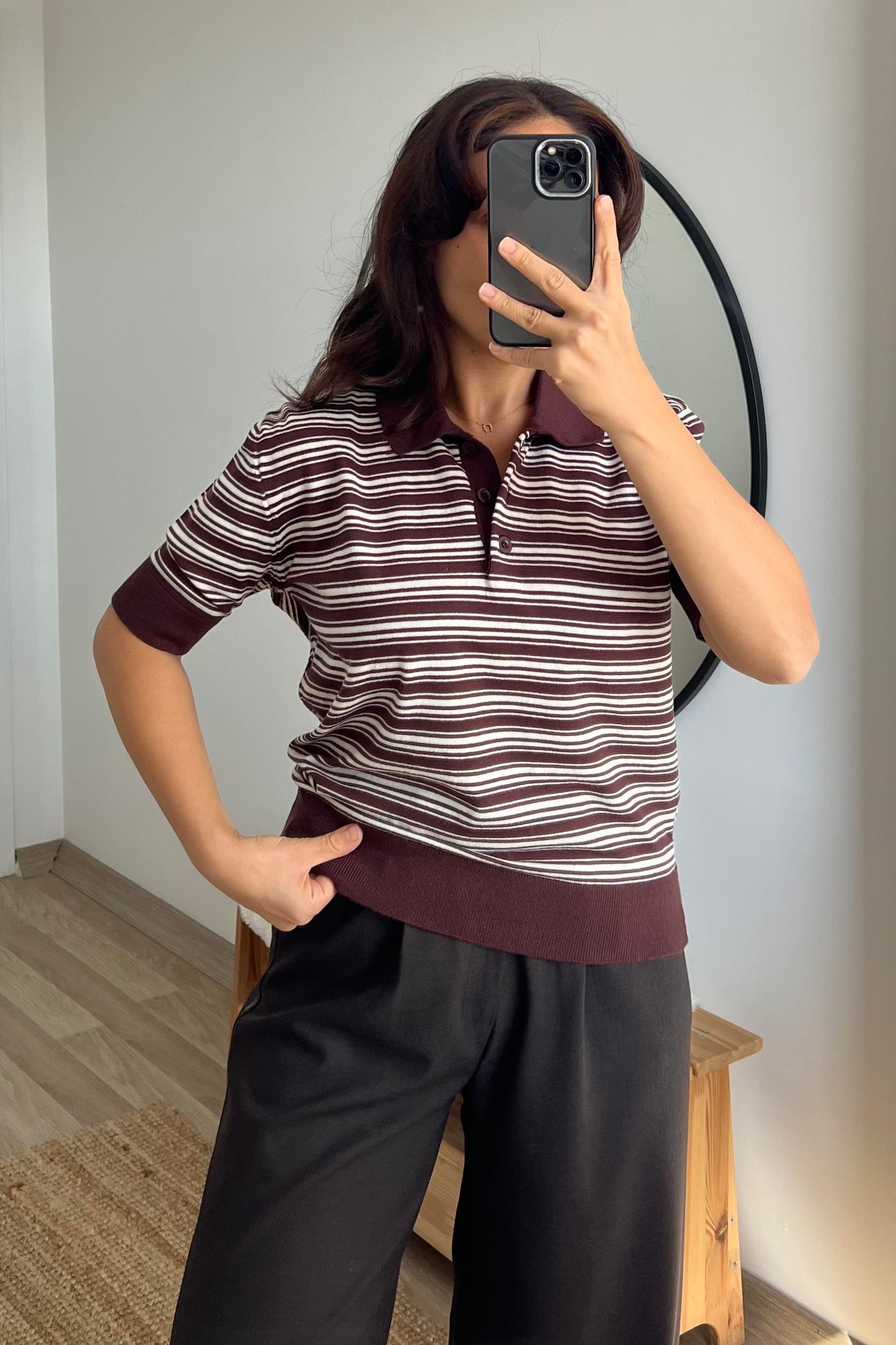 MD Kahverengi Çizgili Polo Yaka Triko uygun fiyatlarda www.butikhola.com adresinde
