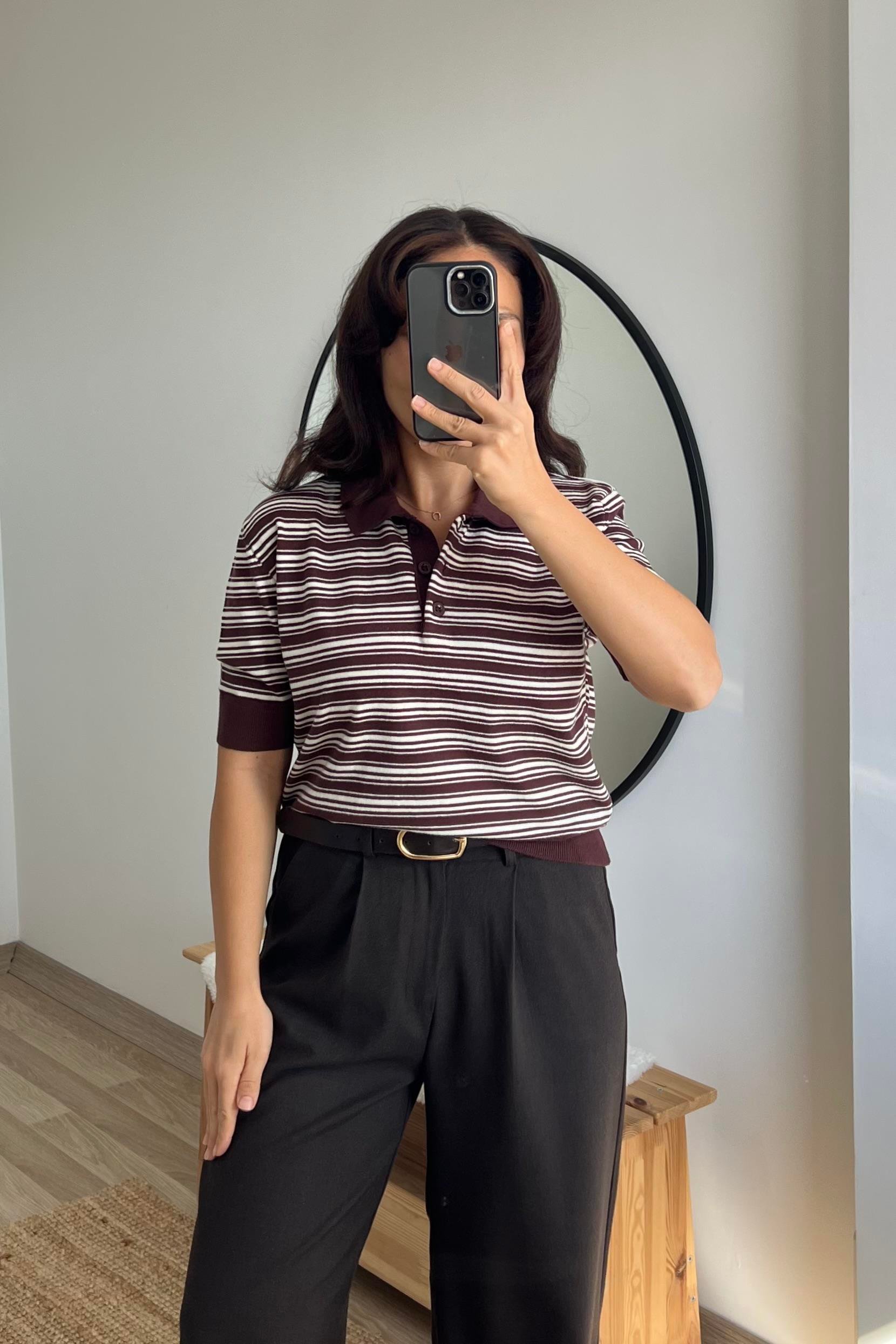 MD Kahverengi Çizgili Polo Yaka Triko uygun fiyatlarda www.butikhola.com adresinde