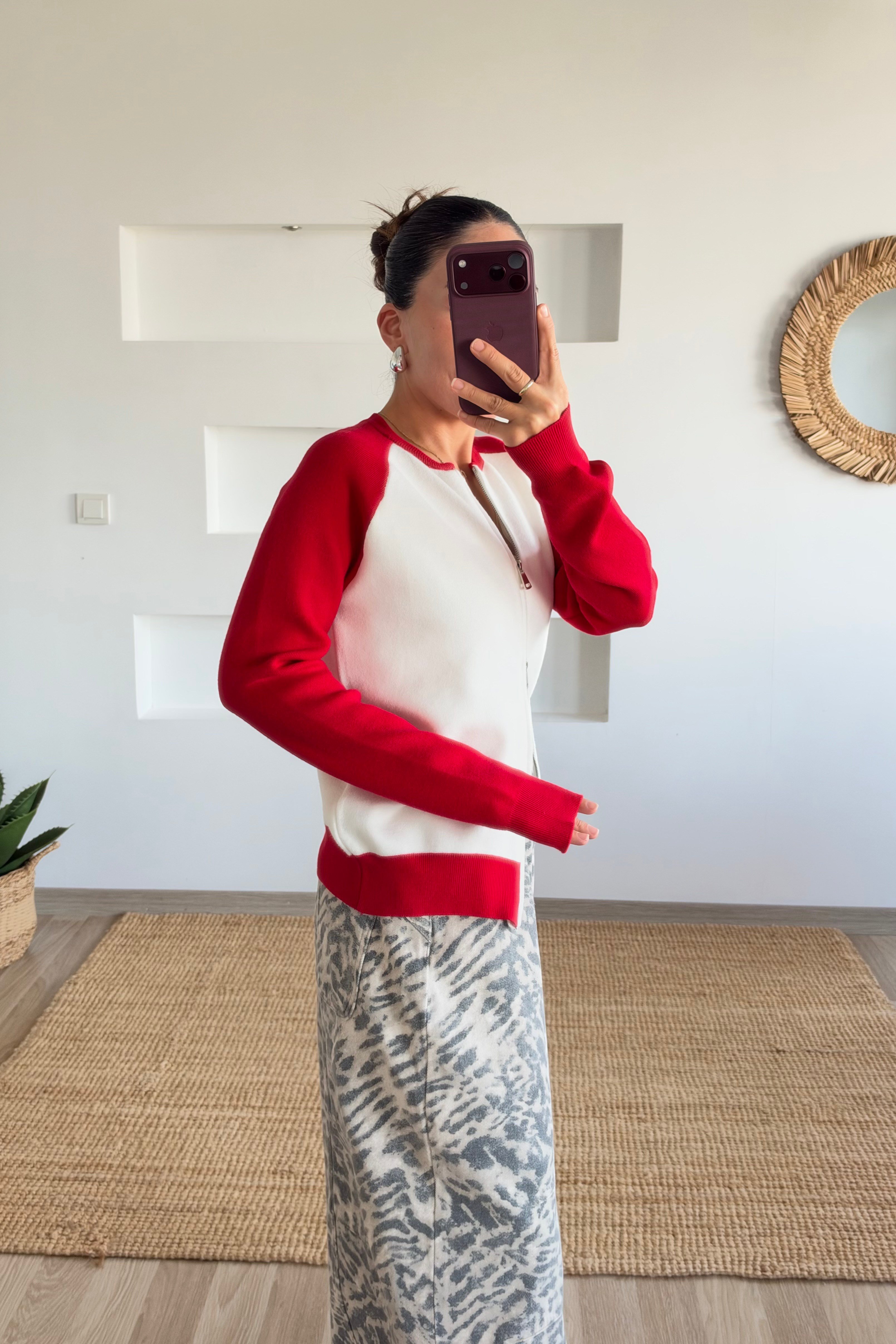 Md Kırmızı Çift Fermuarlı Reglan Kol Hırka uygun fiyatlarda www.butikhola.com adresinde