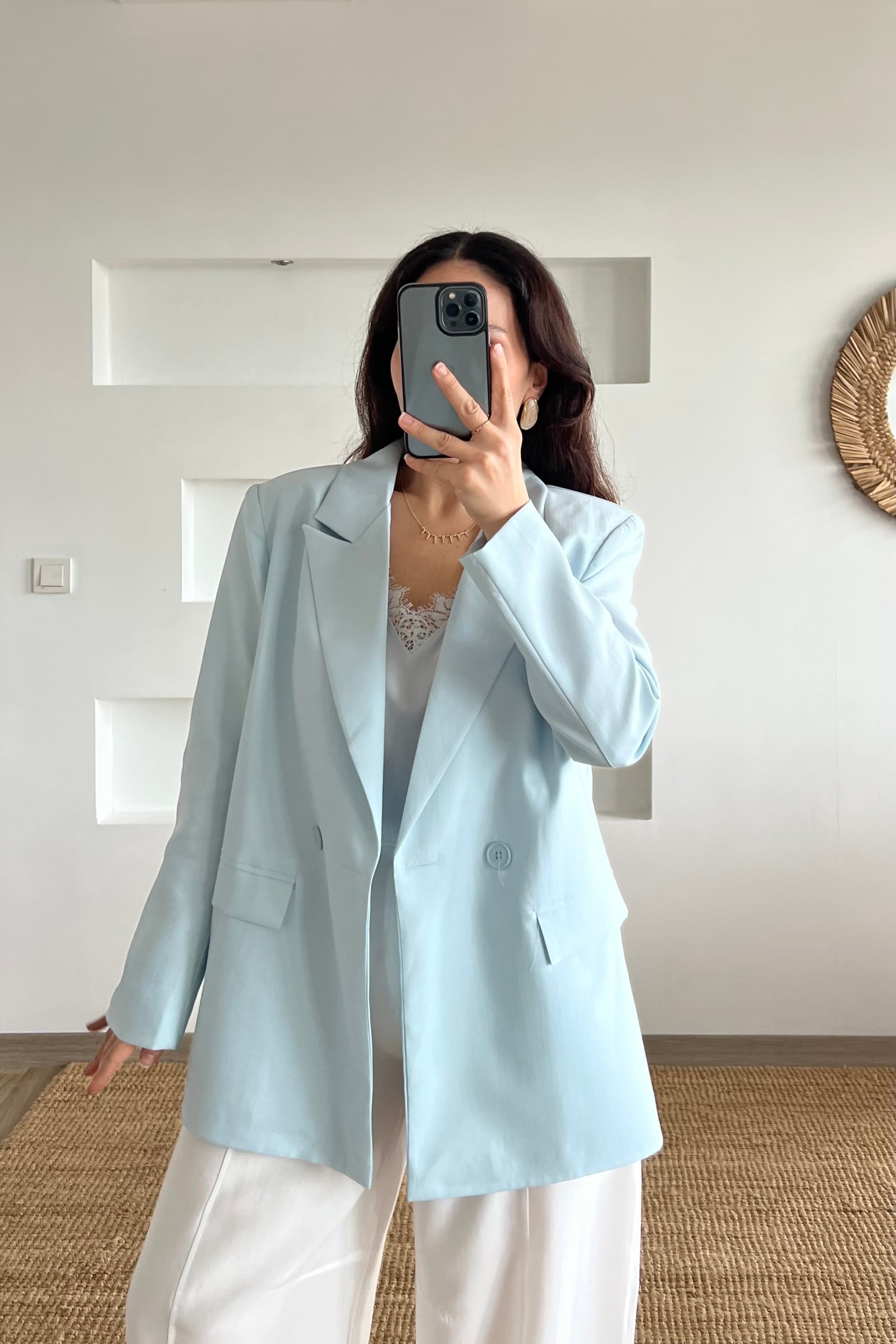 MD Mavi Astarlı Oversize Tensel Ceket uygun fiyatlarda www.butikhola.com adresinde