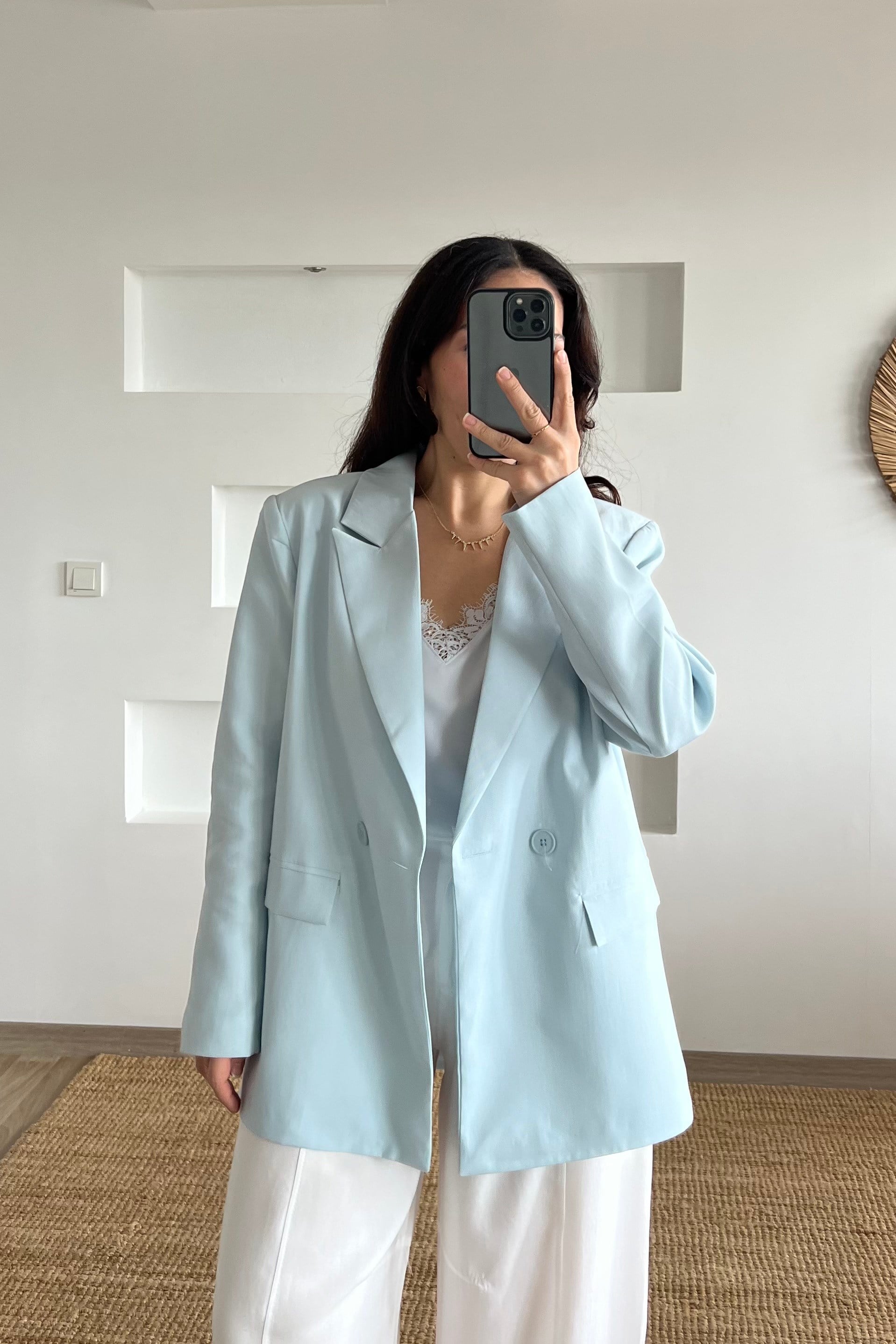 MD Mavi Astarlı Oversize Tensel Ceket uygun fiyatlarda www.butikhola.com adresinde