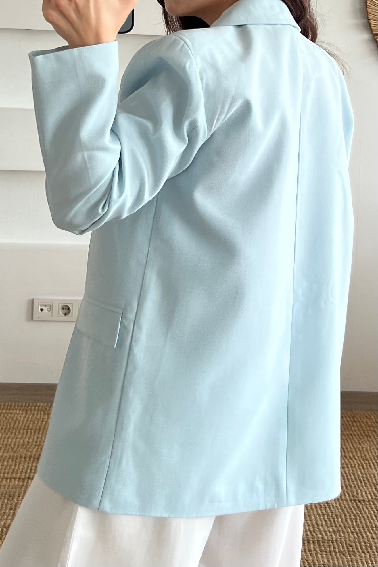 MD Mavi Astarlı Oversize Tensel Ceket uygun fiyatlarda www.butikhola.com adresinde
