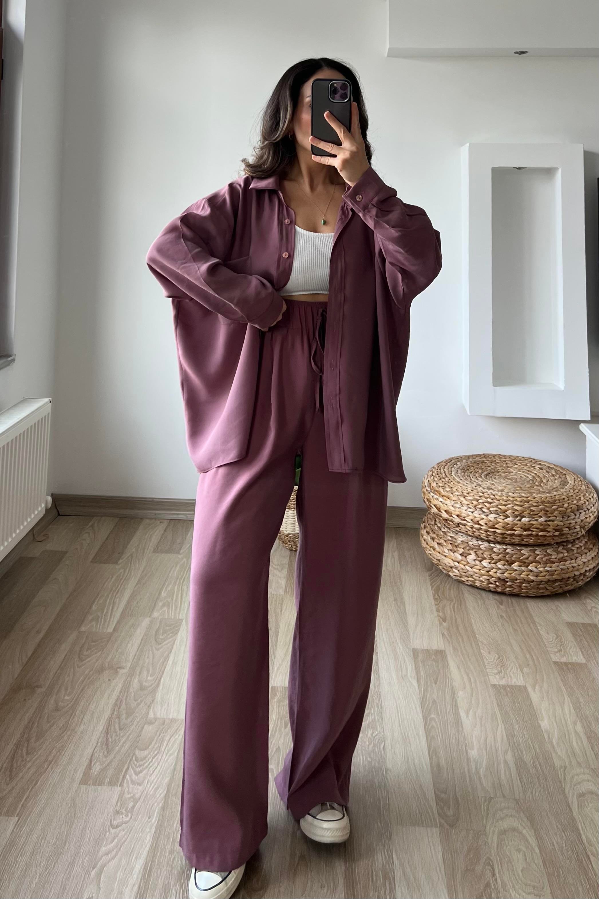 Mürdüm Rengi Beli Lastikli Tensel Pantolon uygun fiyatlarda www.butikhola.com adresinde