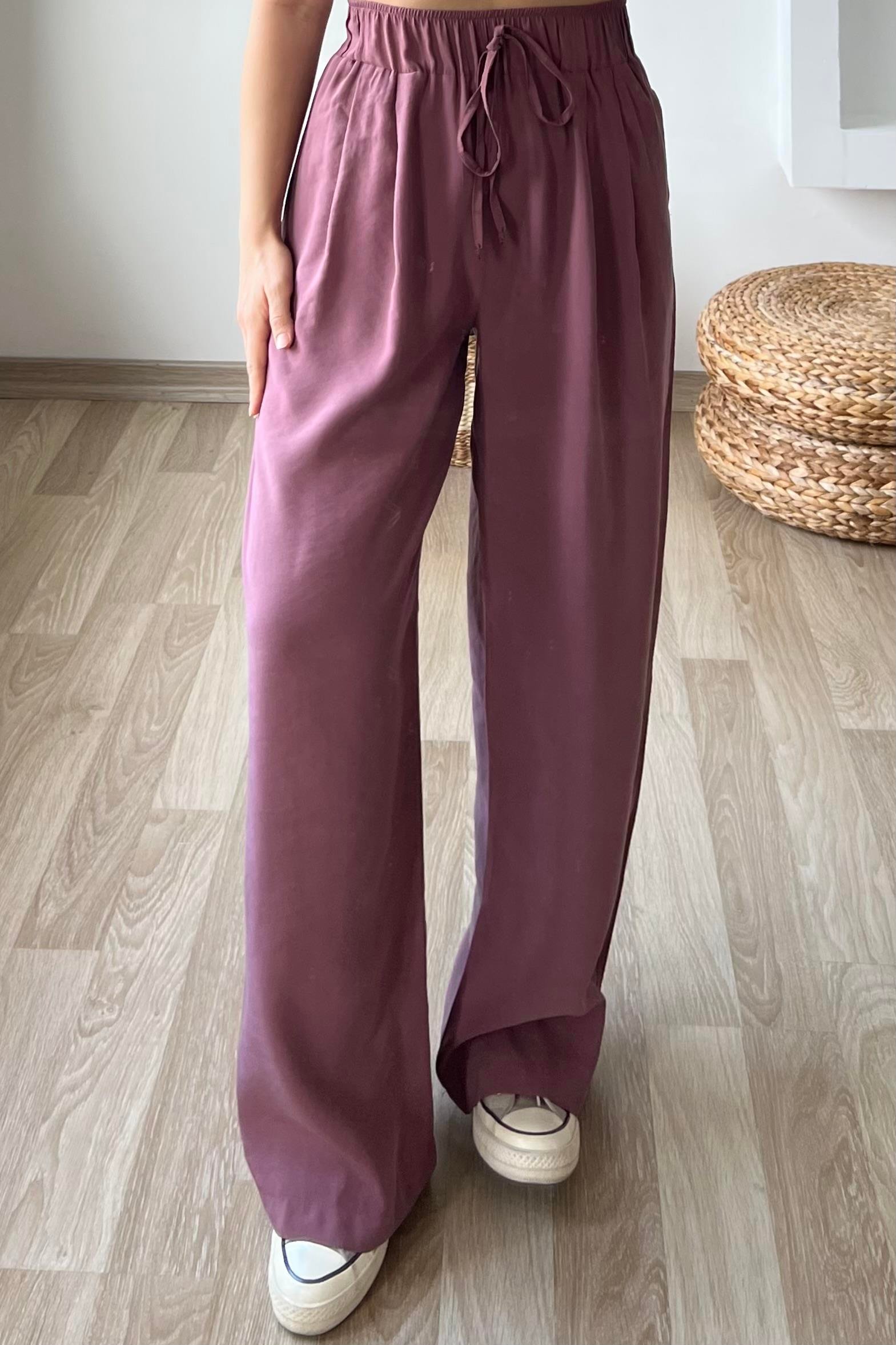 Mürdüm Rengi Beli Lastikli Tensel Pantolon uygun fiyatlarda www.butikhola.com adresinde