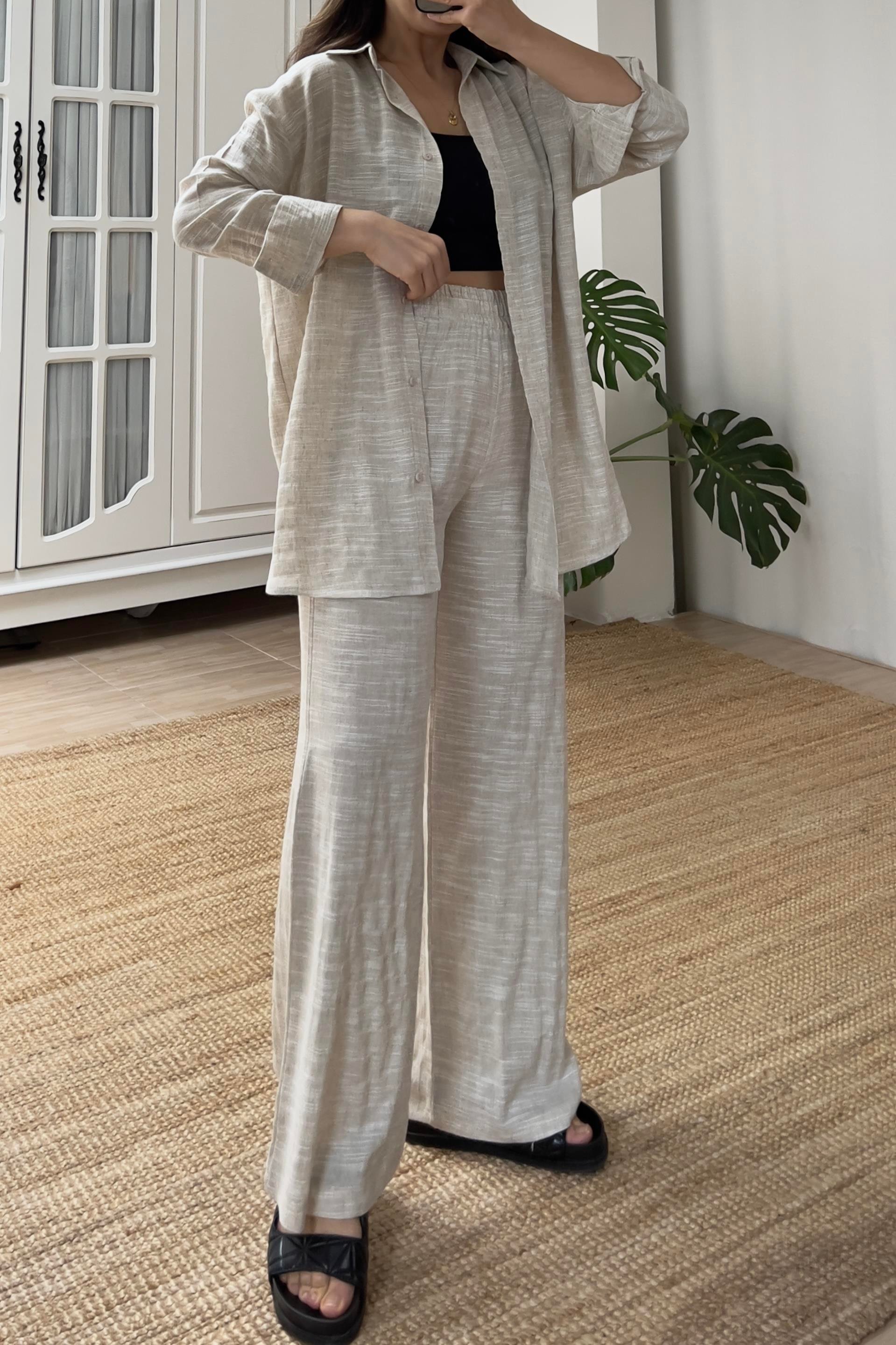 Natural Keten Dokulu Gömlek Pantolon Takım uygun fiyatlarda www.butikhola.com adresinde