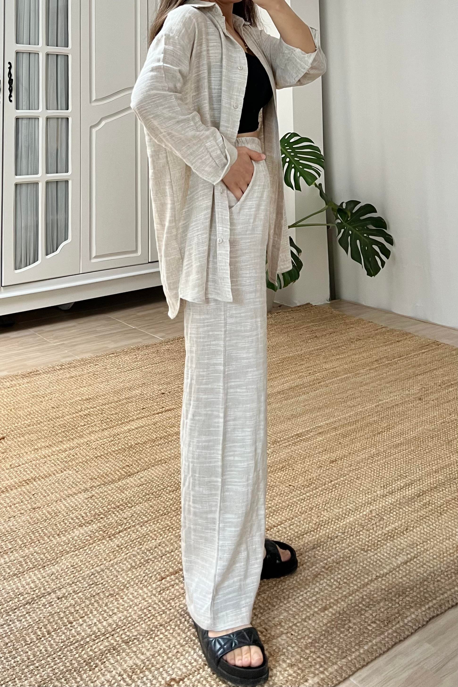 Natural Keten Dokulu Gömlek Pantolon Takım uygun fiyatlarda www.butikhola.com adresinde