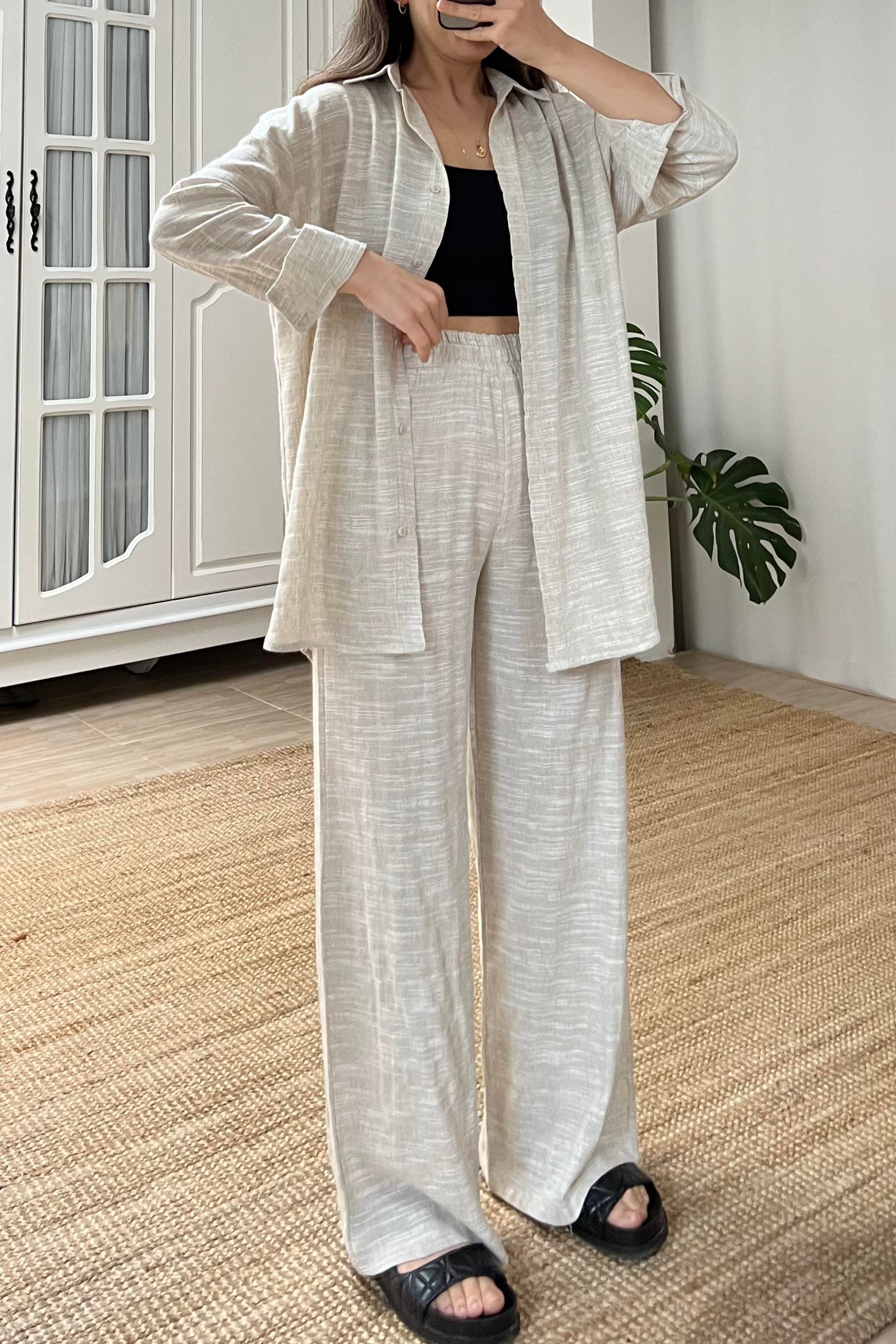 Natural Keten Dokulu Gömlek Pantolon Takım uygun fiyatlarda www.butikhola.com adresinde