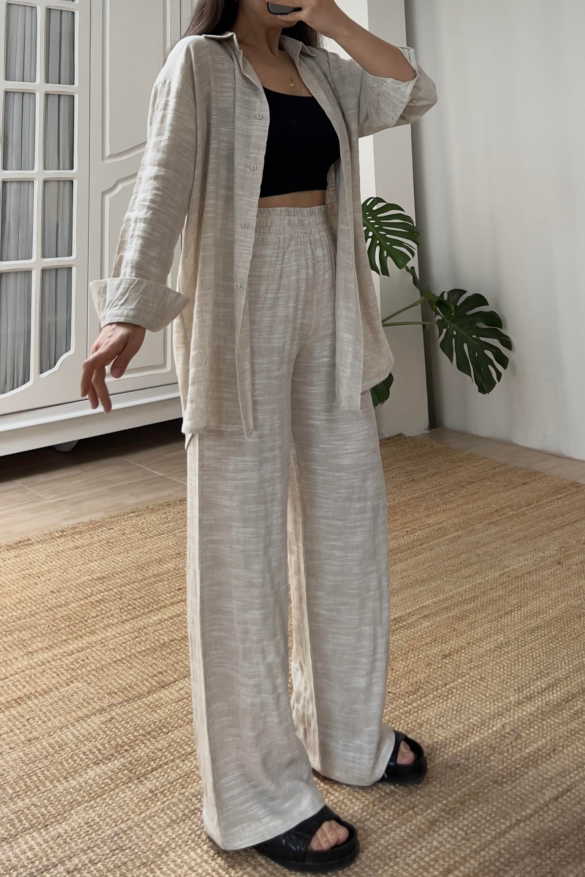Natural Keten Dokulu Gömlek Pantolon Takım uygun fiyatlarda www.butikhola.com adresinde