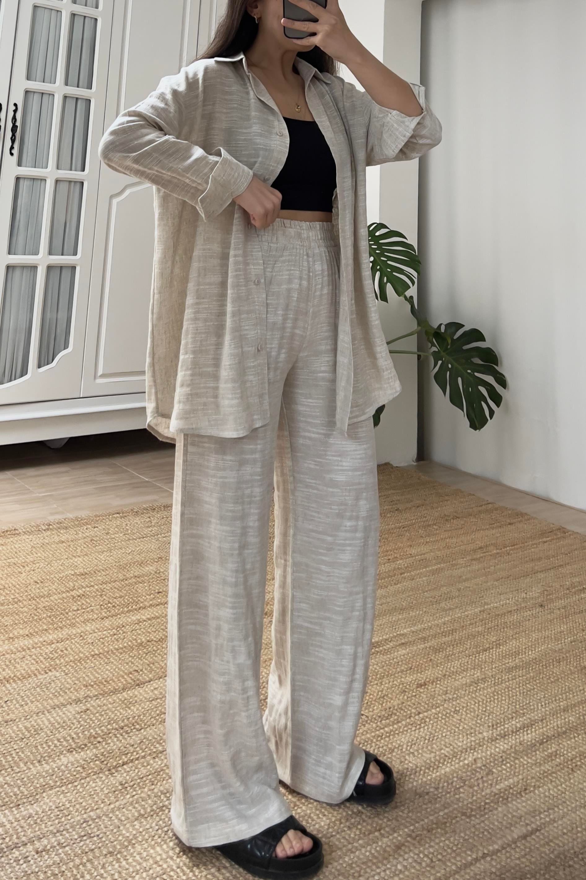 Natural Keten Dokulu Gömlek Pantolon Takım uygun fiyatlarda www.butikhola.com adresinde