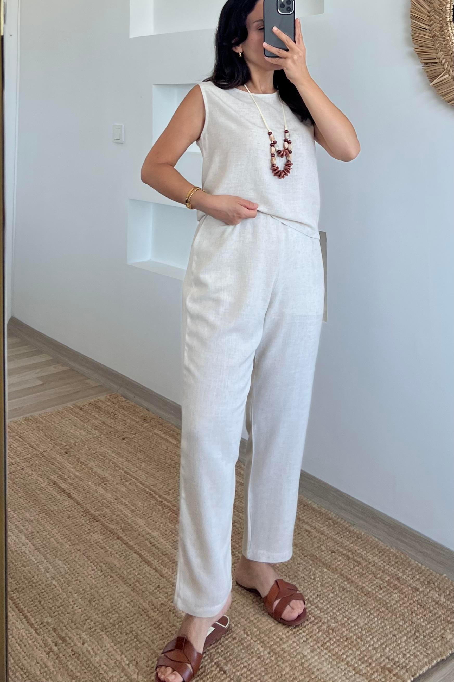 Natural Kolyeli Keten Bluz Pantolon Takım uygun fiyatlarda www.butikhola.com adresinde