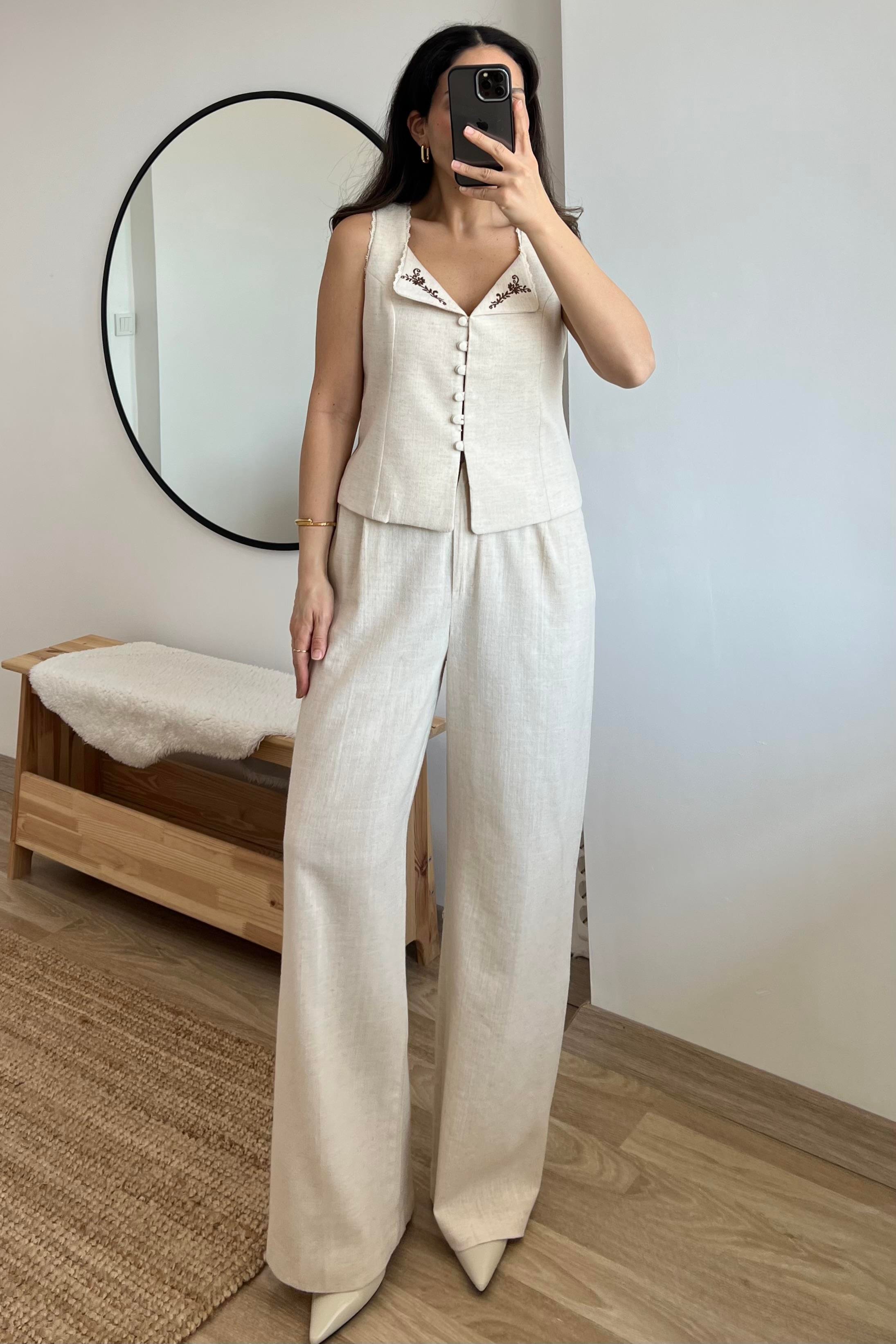 Natural Nakışlı Yelek Pantolon Takım uygun fiyatlarda www.butikhola.com adresinde