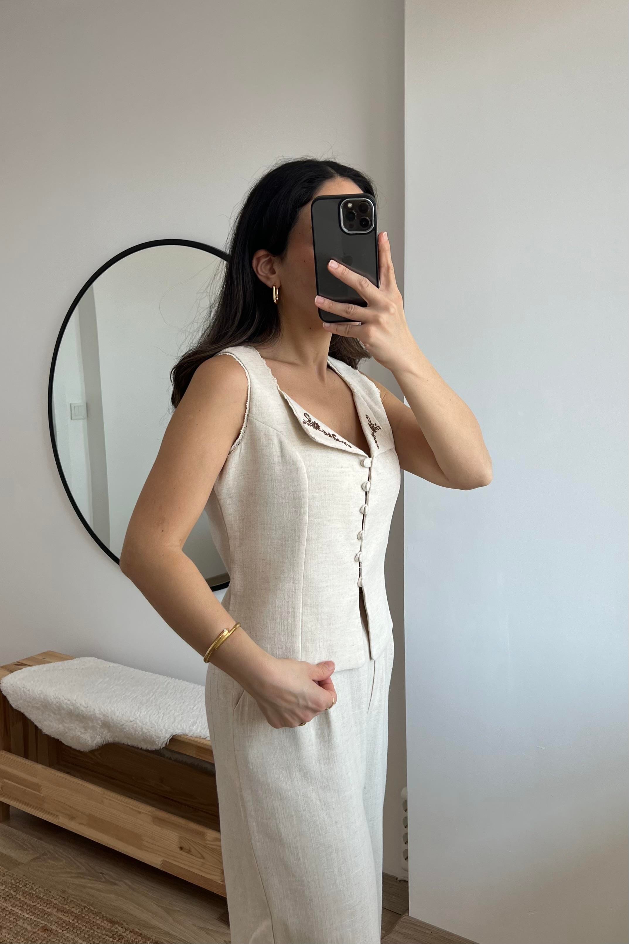 Natural Nakışlı Yelek Pantolon Takım uygun fiyatlarda www.butikhola.com adresinde