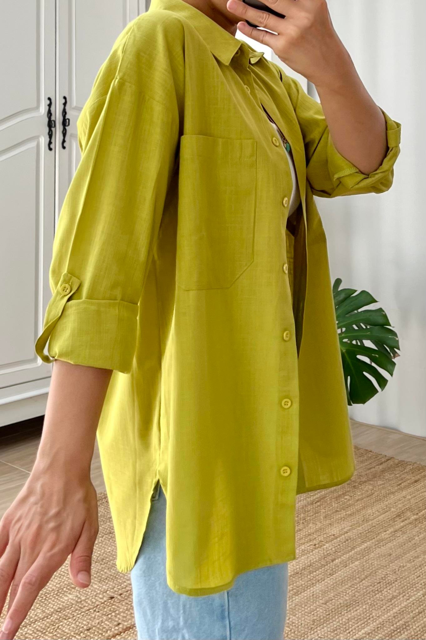 Olive Çift Cep Detaylı Keten Gömlek  uygun fiyatlarda www.butikhola.com adresinde