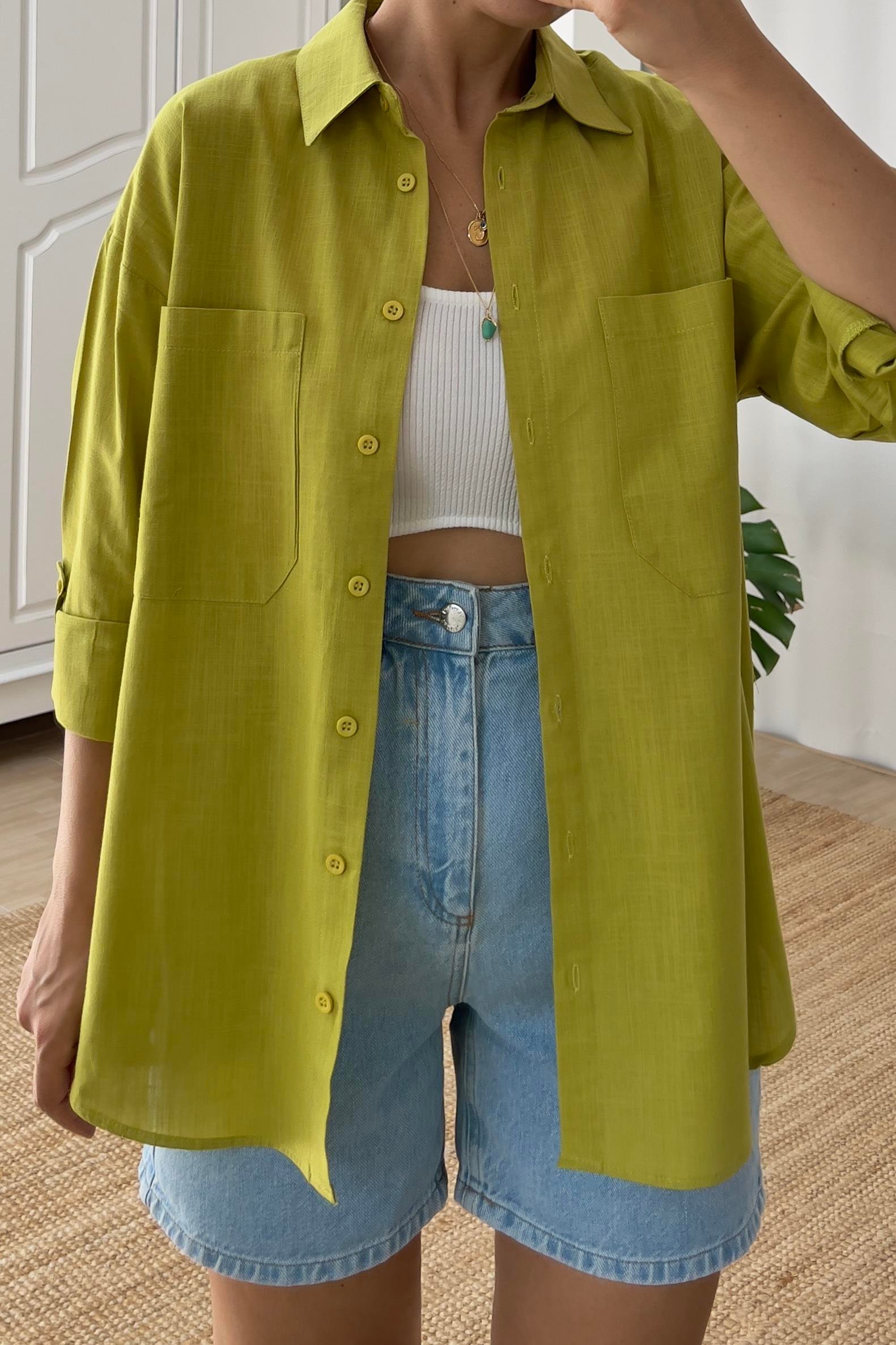 Olive Çift Cep Detaylı Keten Gömlek  uygun fiyatlarda www.butikhola.com adresinde