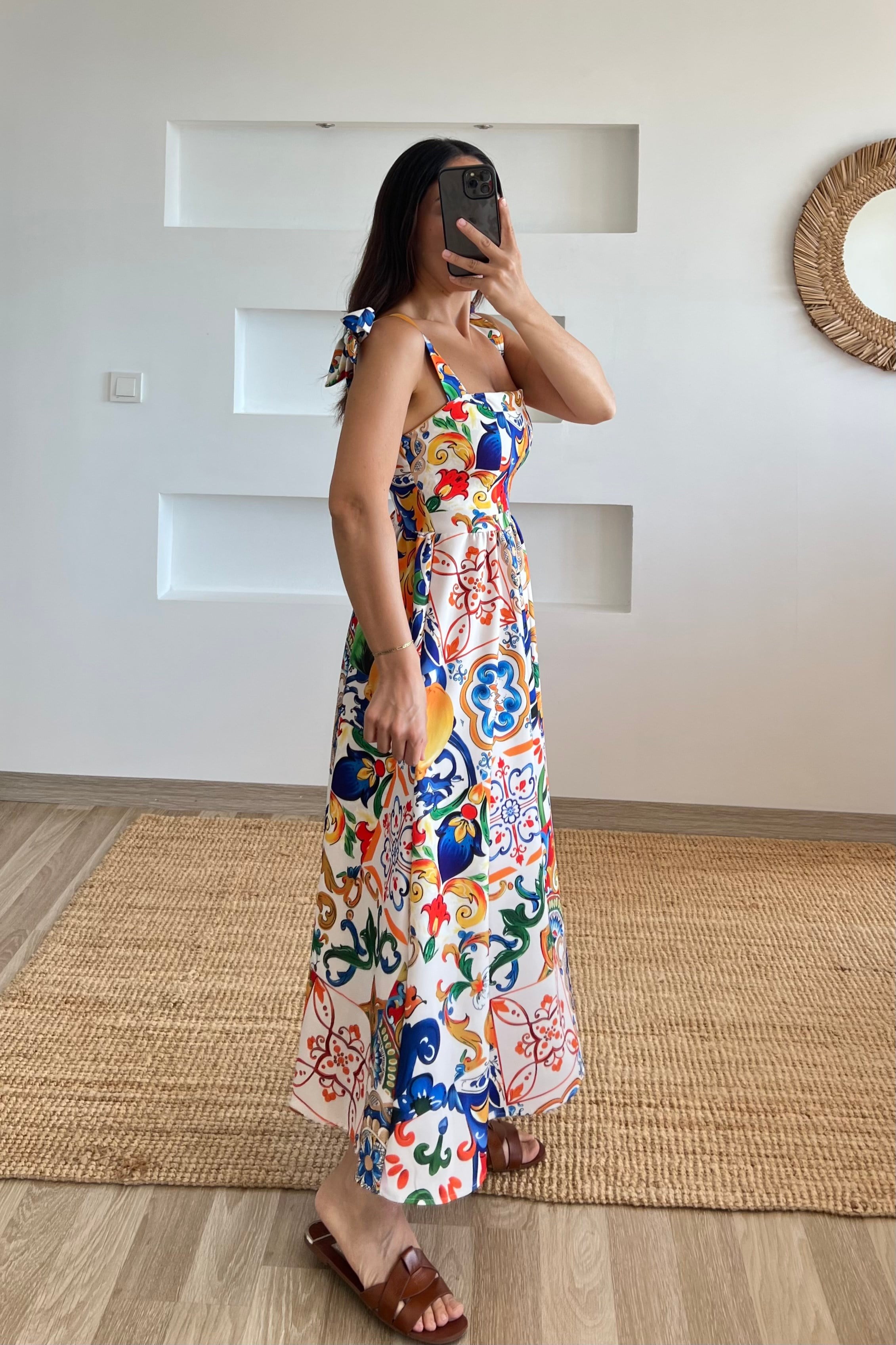 Omuzdan Bağlamalı Desenli Elbise uygun fiyatlarda www.butikhola.com adresinde