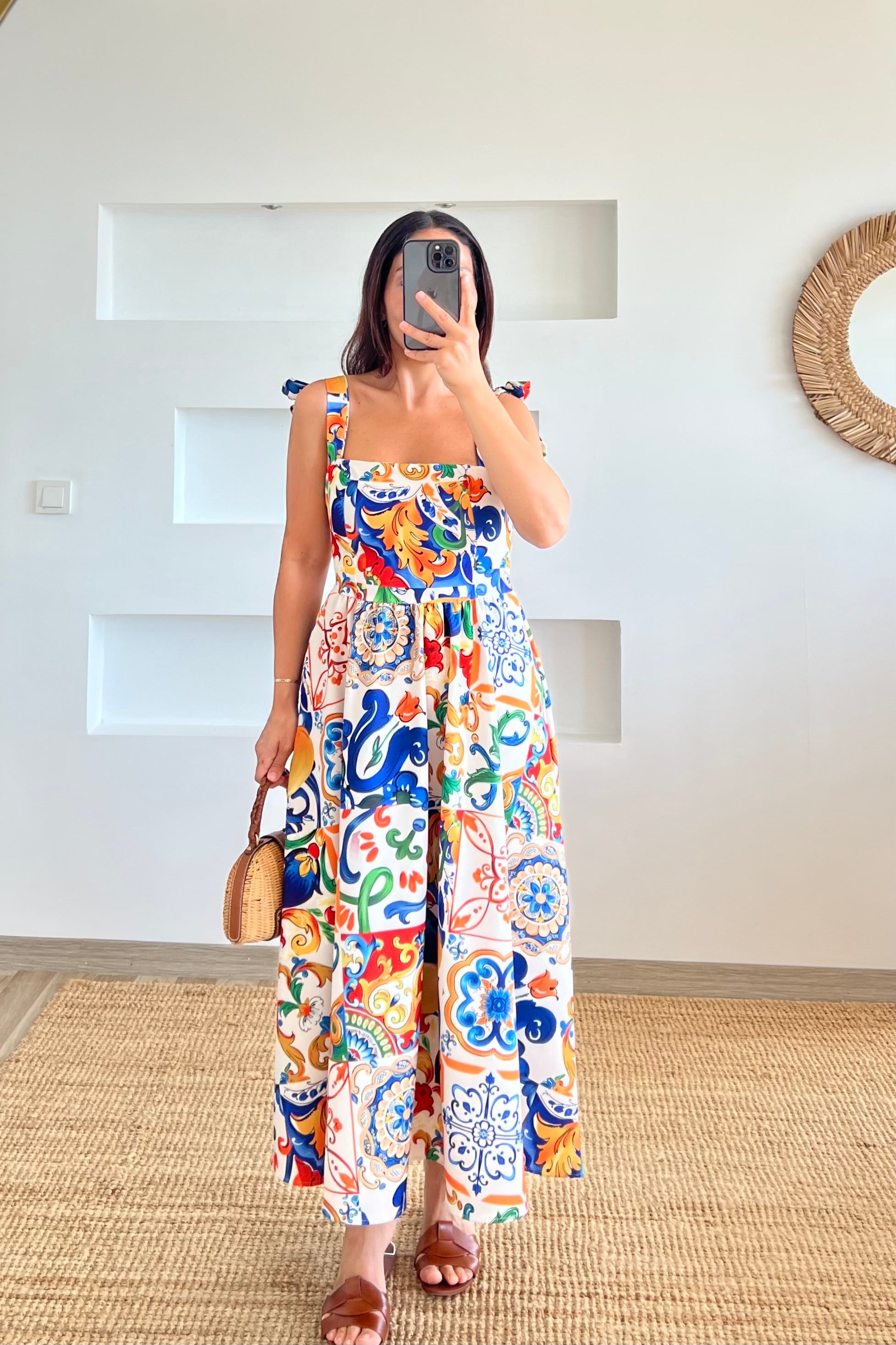 Omuzdan Bağlamalı Desenli Elbise uygun fiyatlarda www.butikhola.com adresinde
