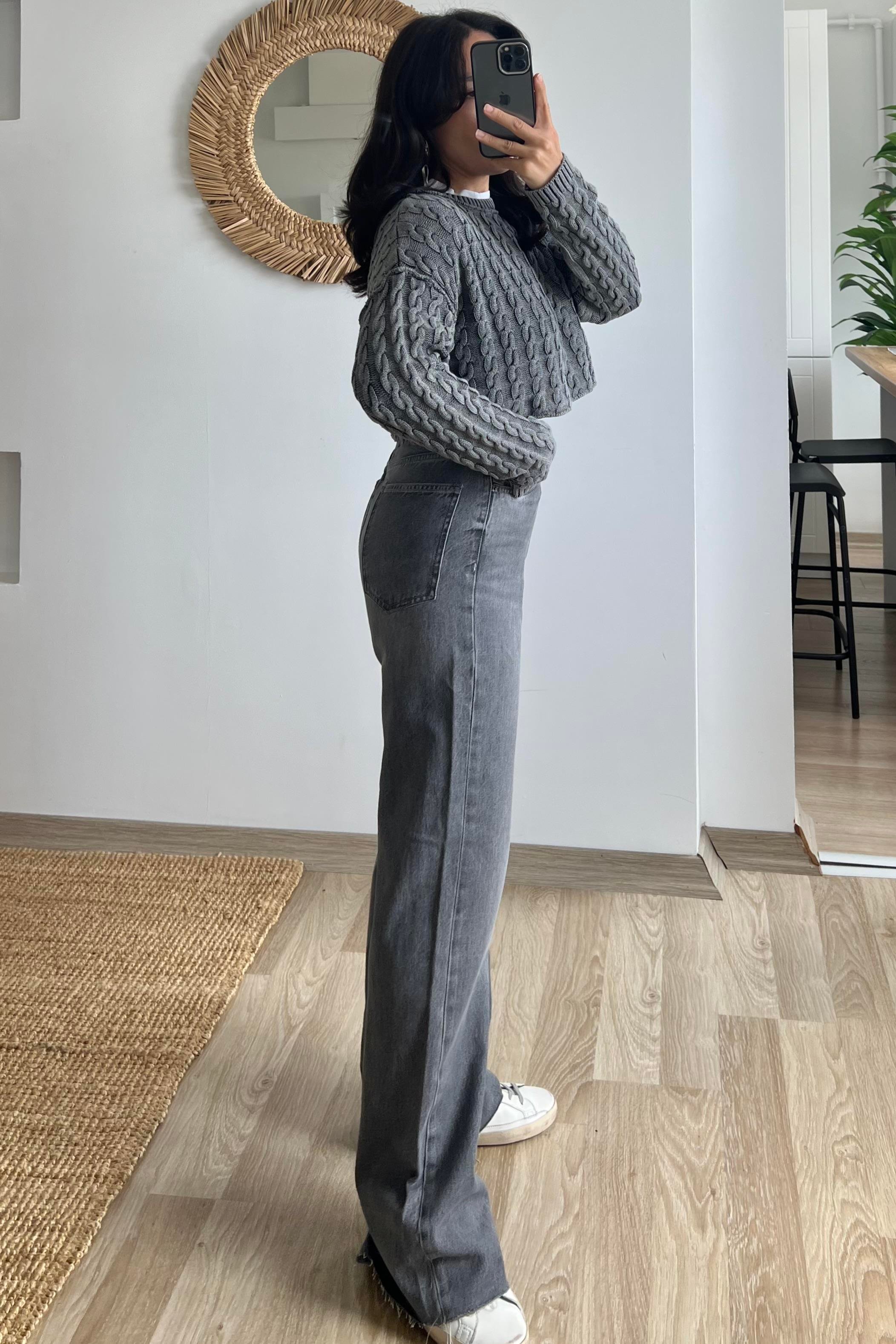 Orj Marka Gri Yıkamalı Saç Örgülü Crop Triko uygun fiyatlarda www.butikhola.com adresinde